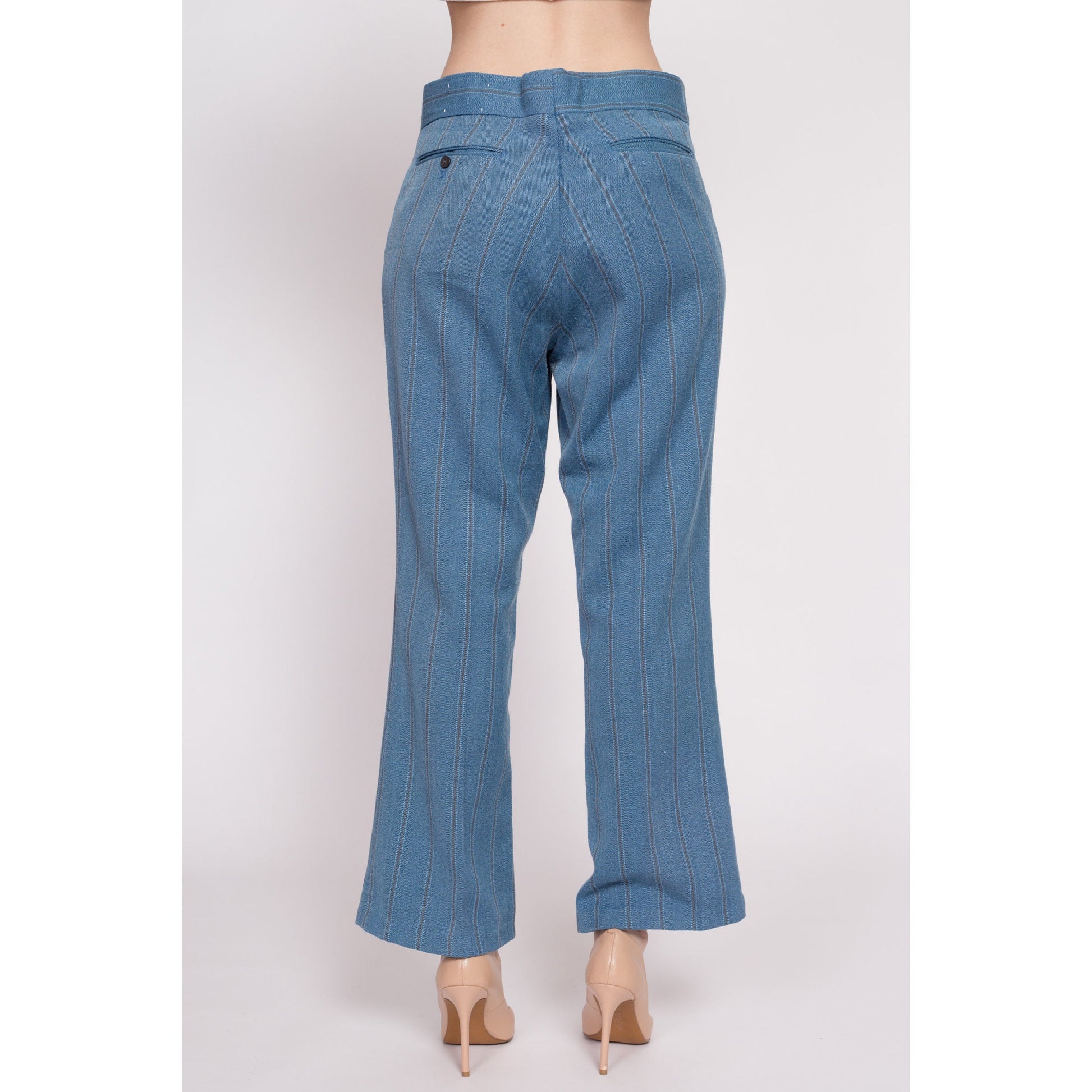 70s Blue Striped Bootcut Trousers - Men's Medium Short, 32x27 | Vintage Farah Unisex Retro High Waisted Pants