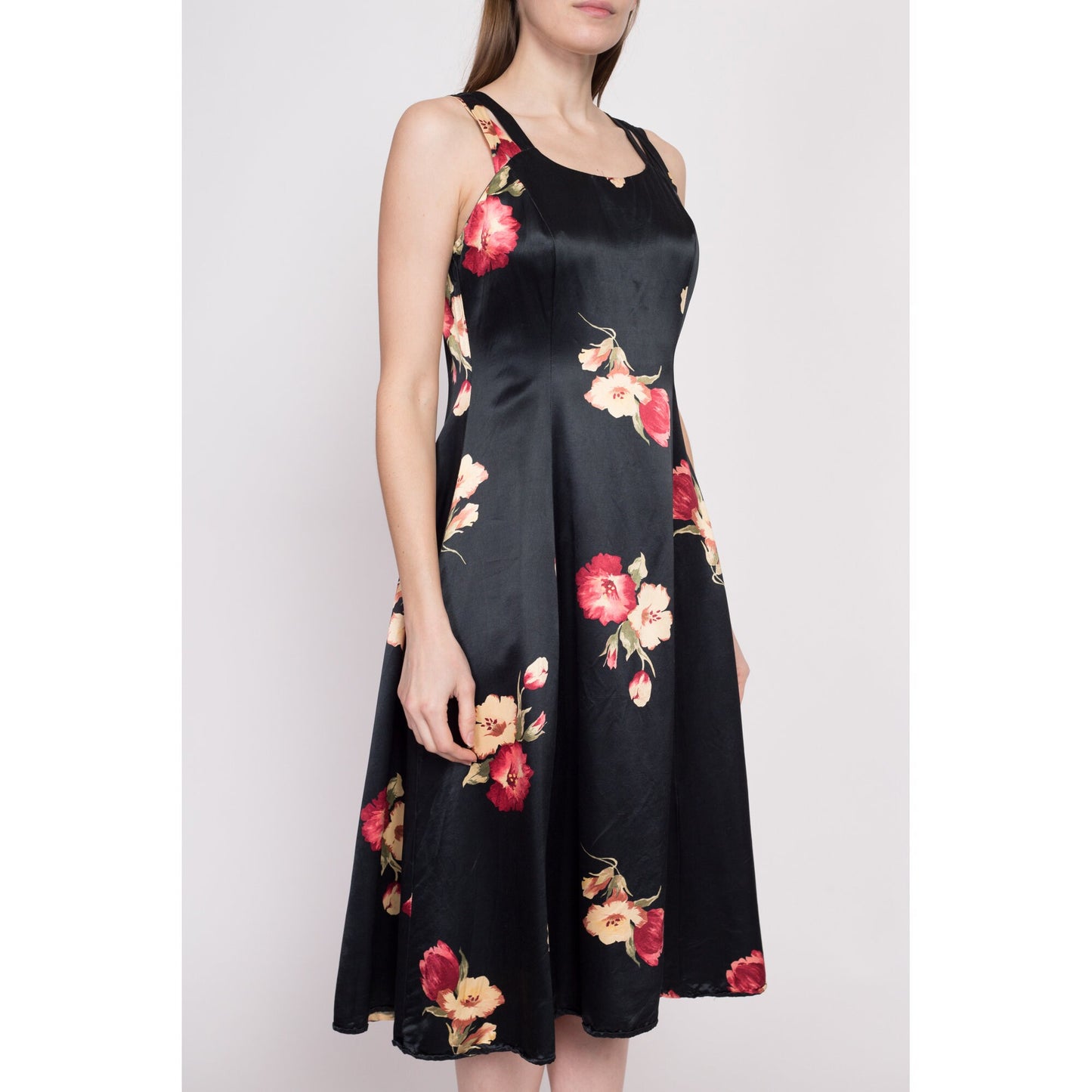 80s Black Floral Satin Midi Dress - Medium | Vintage A Line Boho Formal Sundress