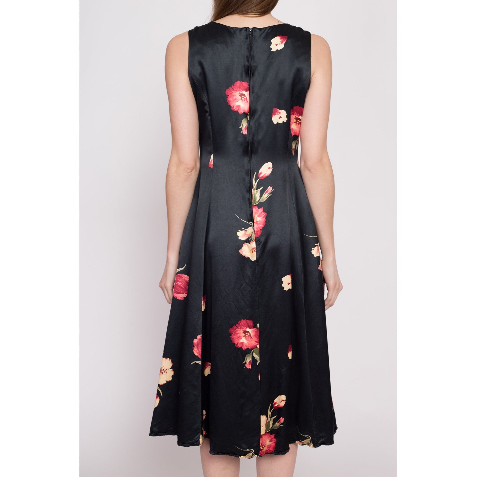 80s Black Floral Satin Midi Dress - Medium | Vintage A Line Boho Formal Sundress