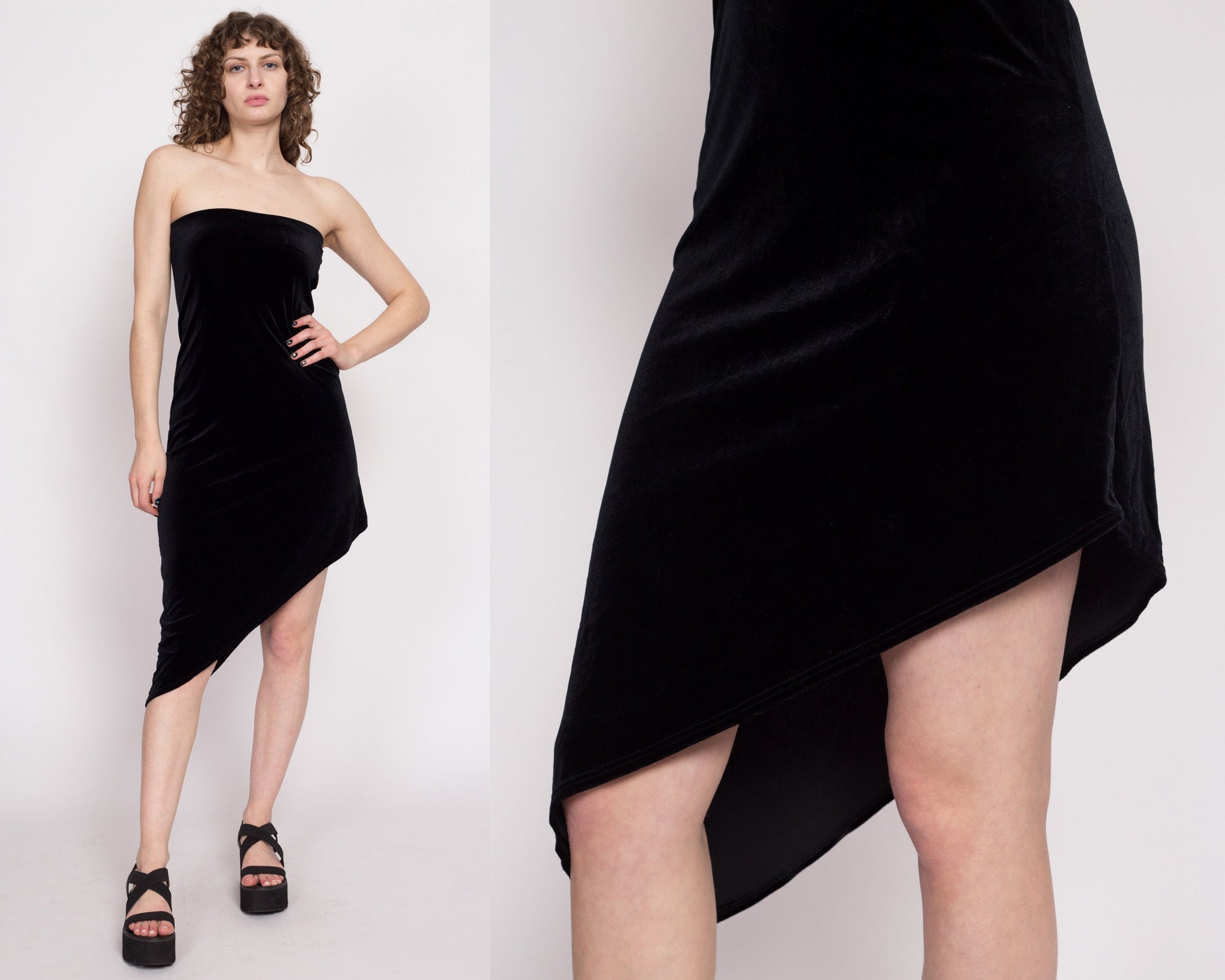 90s Strapless Black Velvet High Low Hem Dress - Medium | Vintage Cocktail Party Asymmetrical Little Black Dress