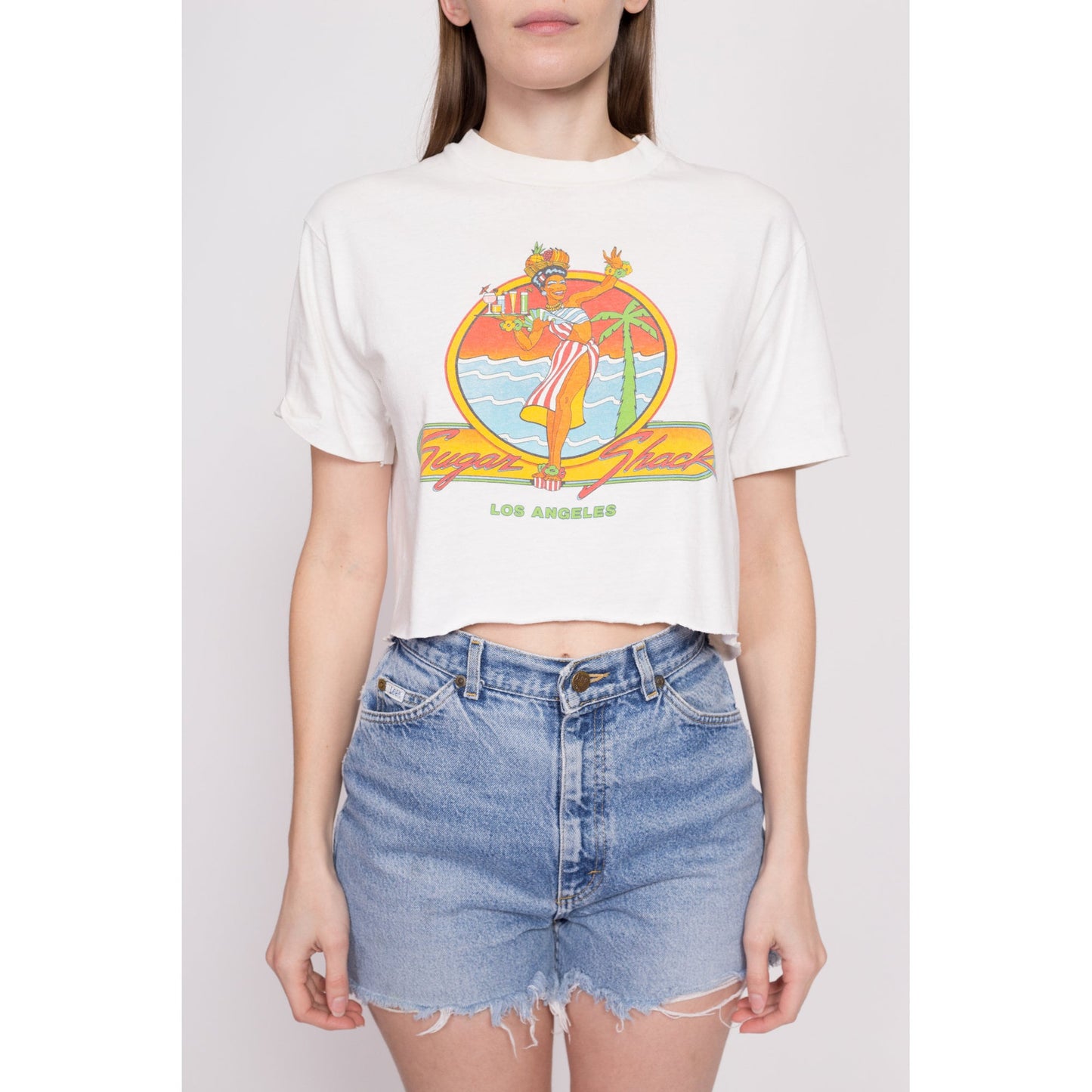 80s Sugar Shack Crop Top Tourist Tee - Medium | Vintage Los Angeles Carmen Miranda Cropped Graphic T Shirt