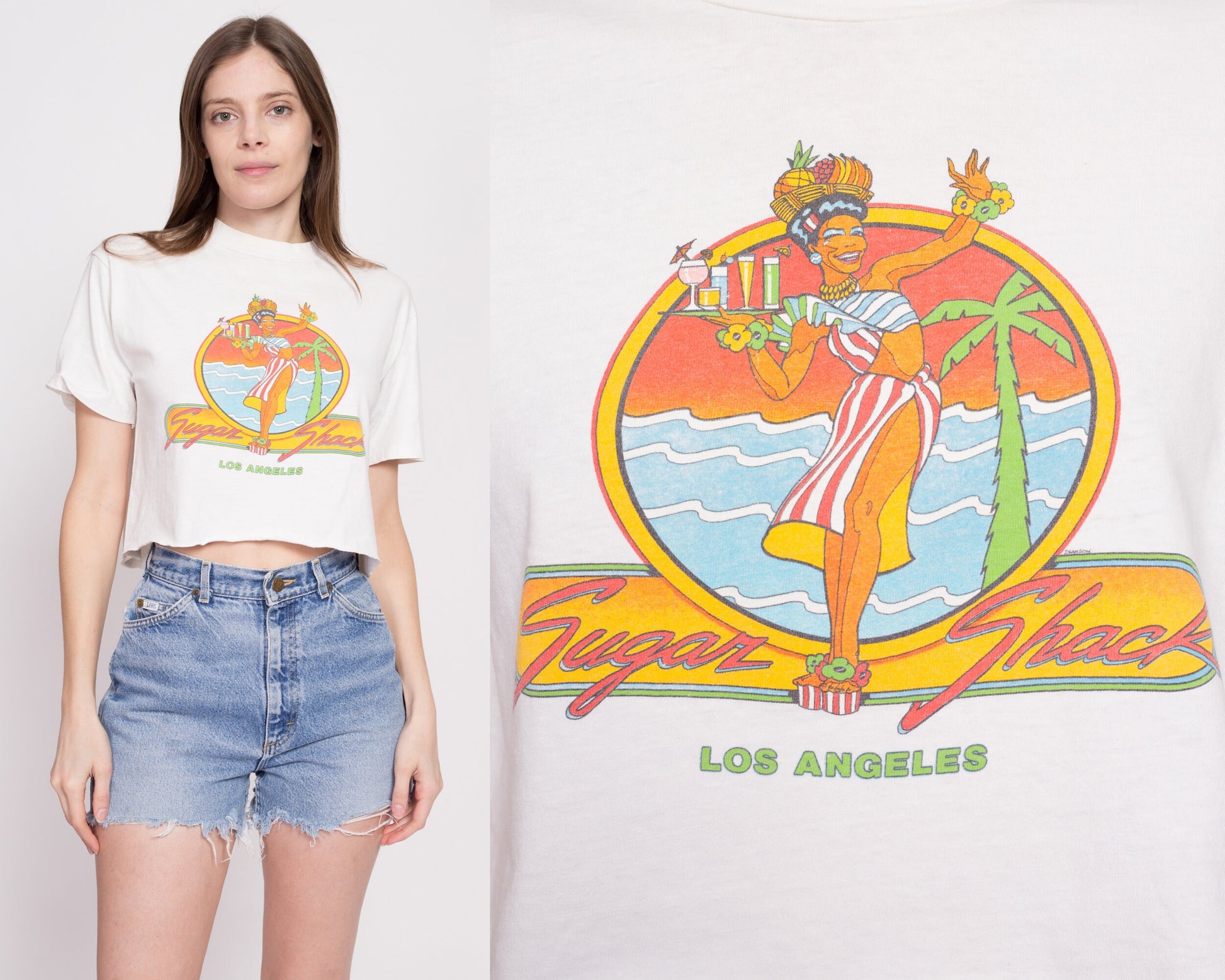 80s Sugar Shack Crop Top Tourist Tee - Medium | Vintage Los Angeles Carmen Miranda Cropped Graphic T Shirt