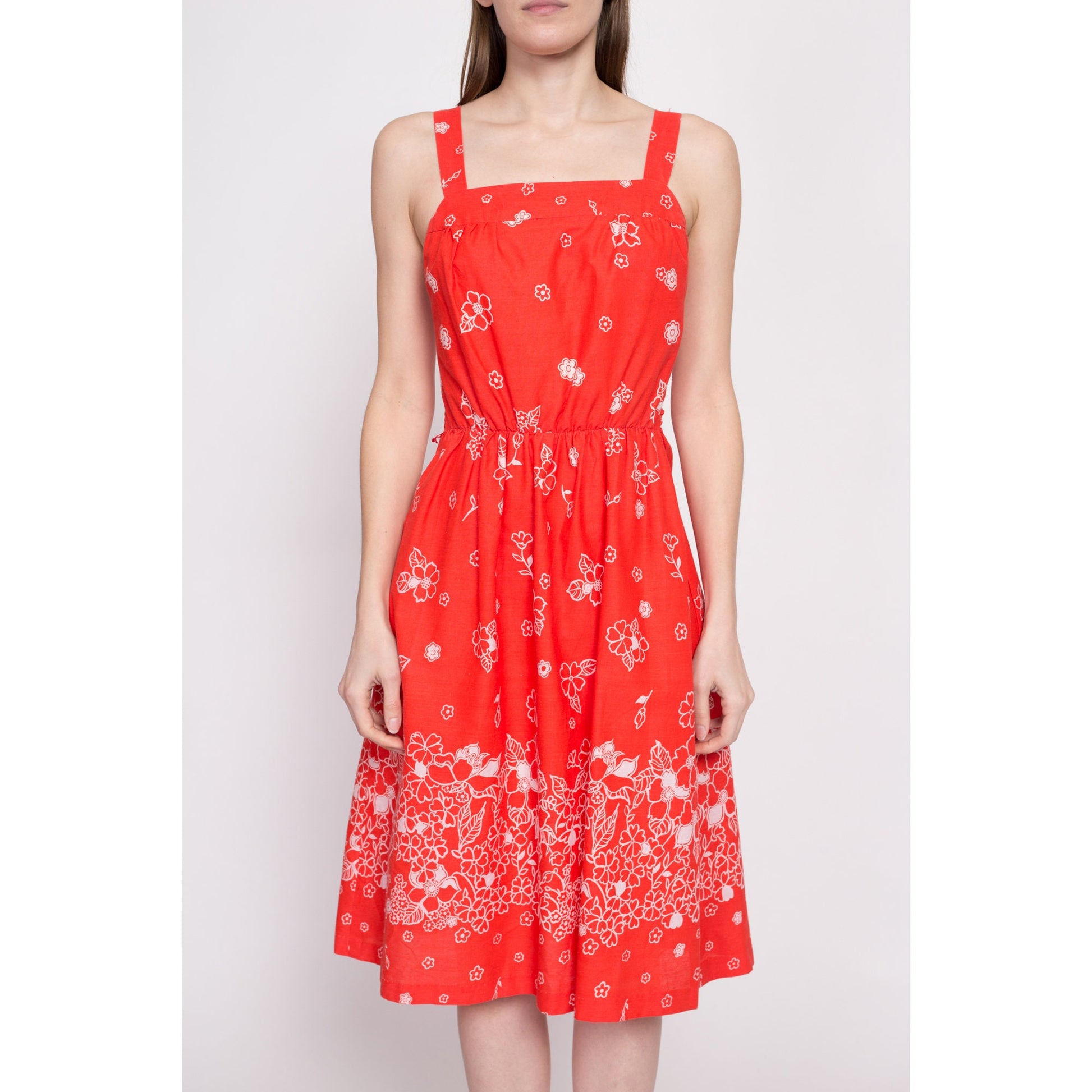 70s Red Orange Floral Fit & Flare Sundress - Medium | Vintage Boho Shirred Bodice Summer Pocket Midi Dress