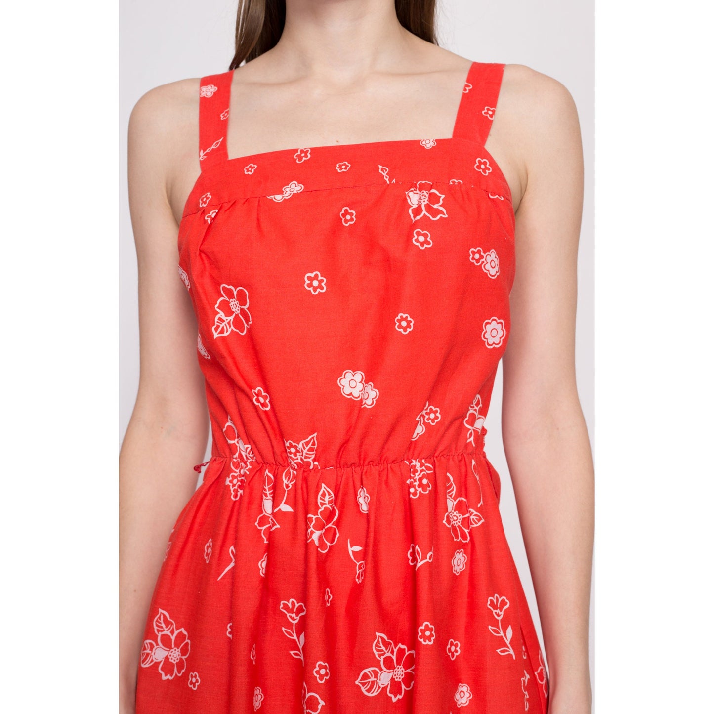 70s Red Orange Floral Fit & Flare Sundress - Medium | Vintage Boho Shirred Bodice Summer Pocket Midi Dress