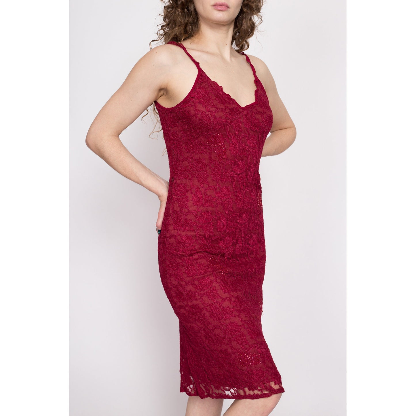 90s Red Lace Bodycon Low Back Midi Dress - Medium | Vintage Angie Beaded Spaghetti Strap High Low Hem Party Dress