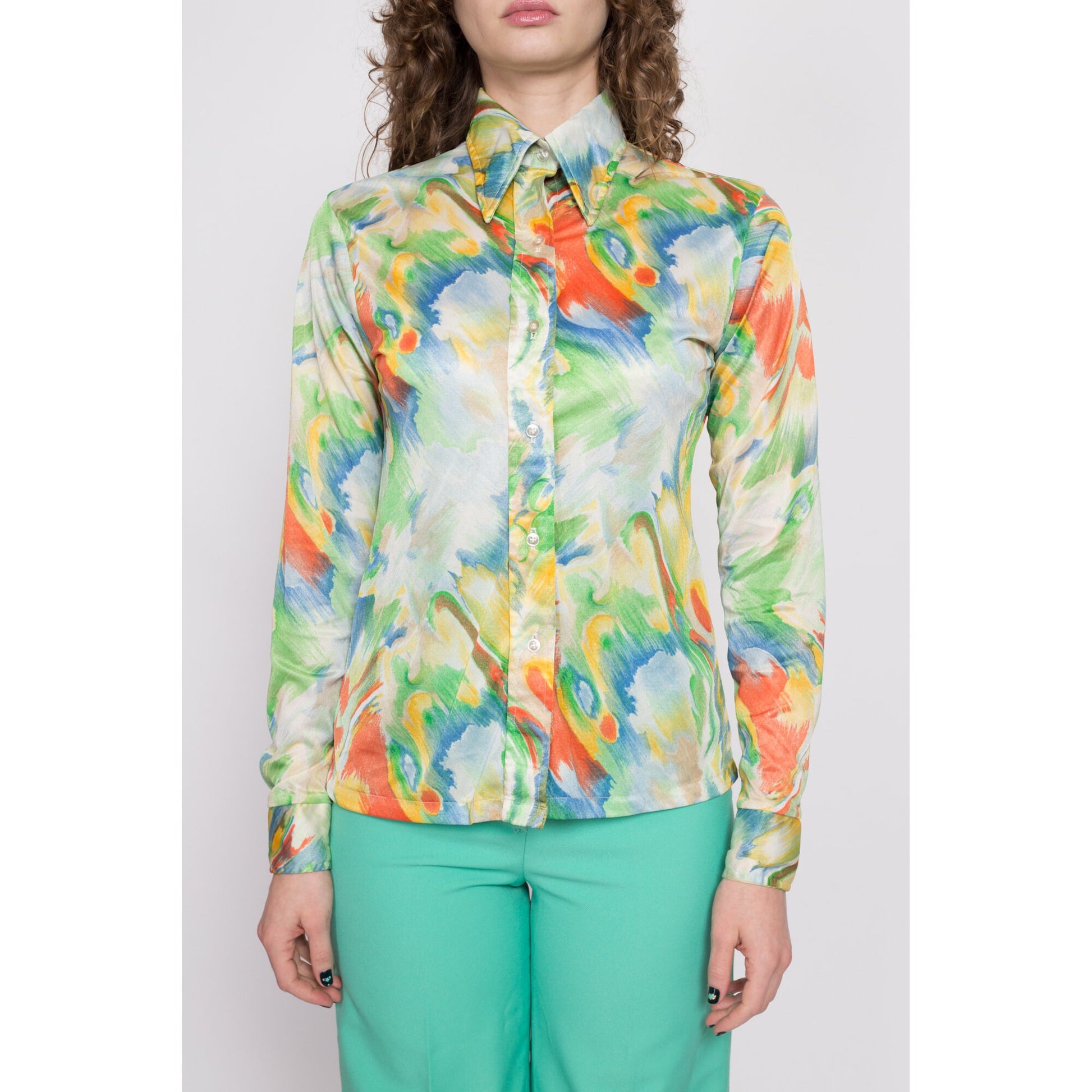 70s Watercolor Print Collared Shirt - Medium | Vintage Abstract Paint Brush Print Button Up Long Sleeve Disco Top