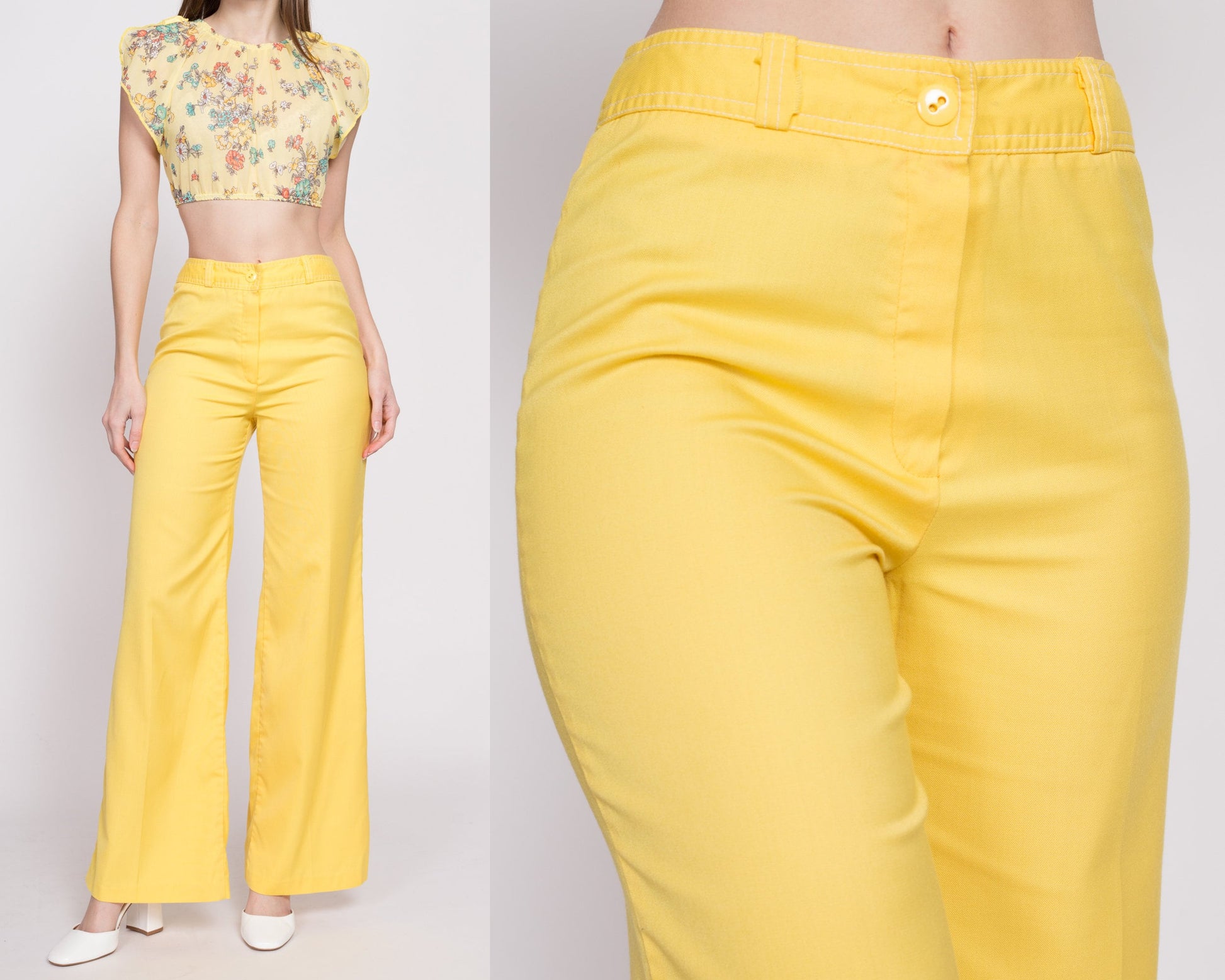 70s Yellow Flared Pants - Small, 26.5 – Flying Apple Vintage
