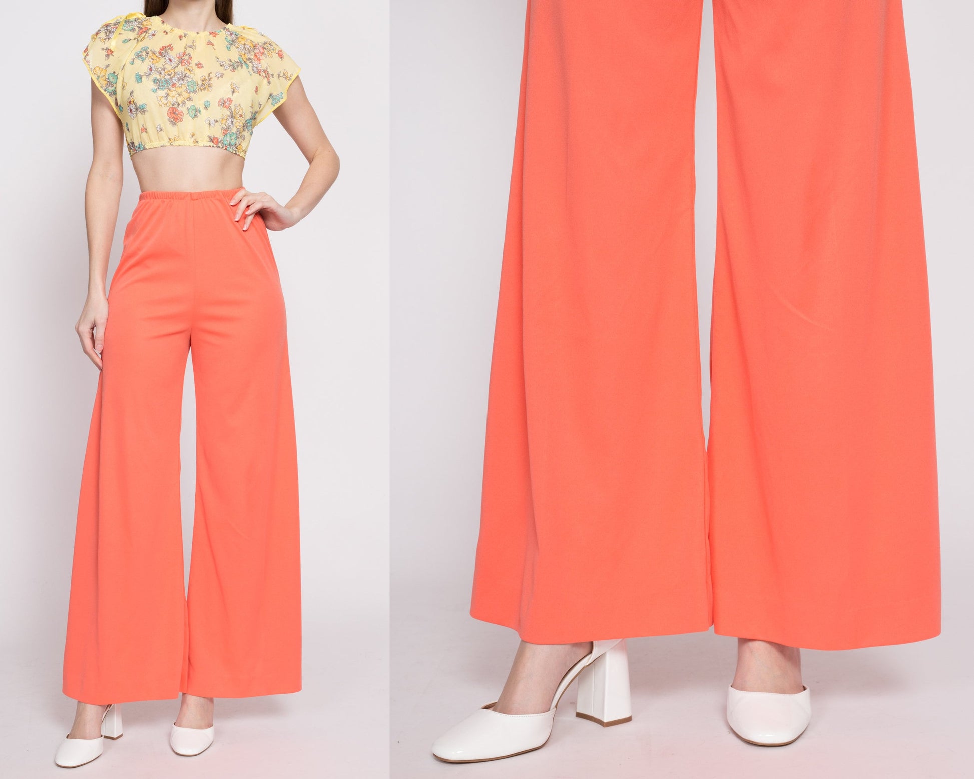 70s Salmon Palazzo Pants - Medium | Vintage High Waisted Retro Flared Elastic Disco Loungewear Bell Bottom Trousers