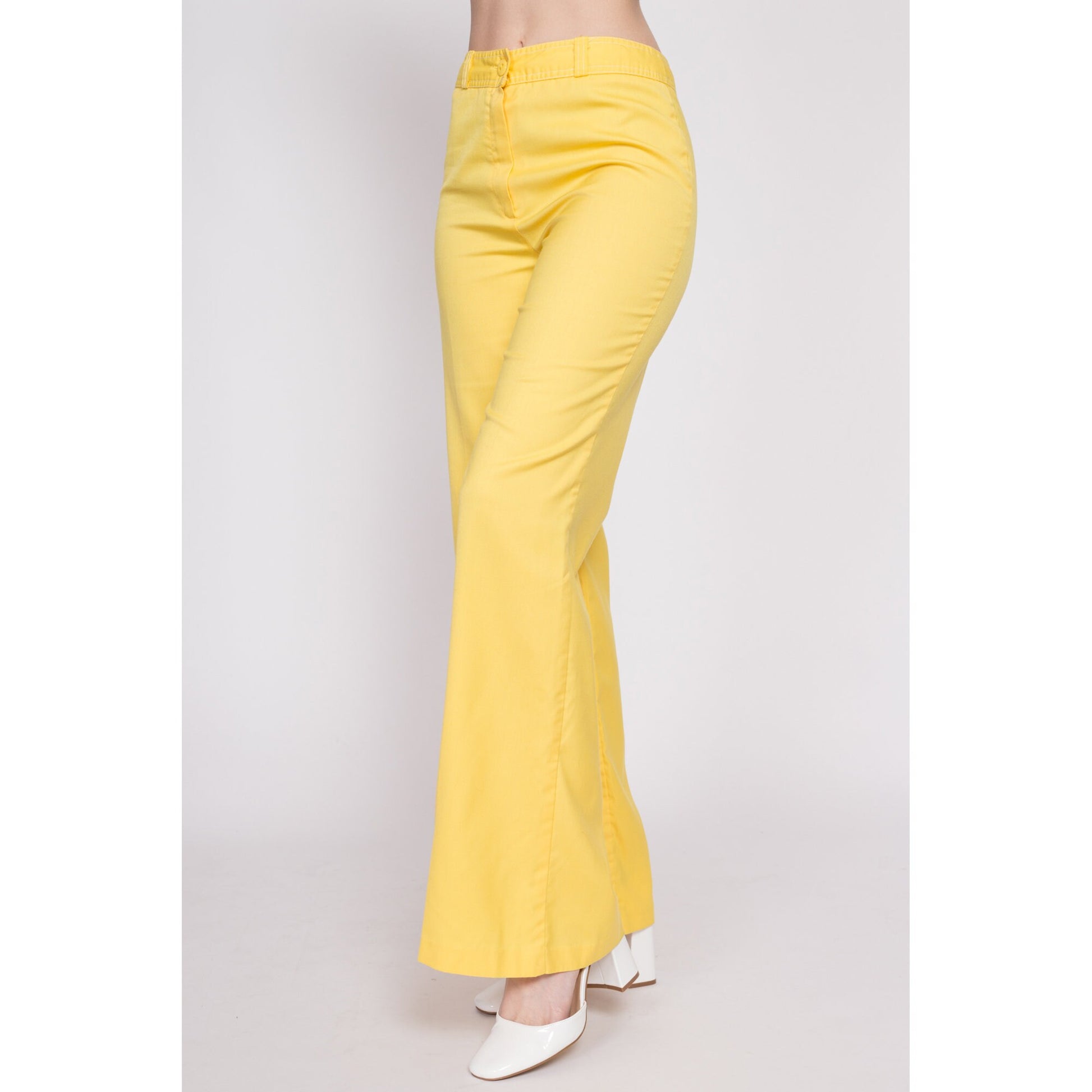 70s Yellow Flared Pants - Small, 26.5" | Vintage High Waisted Retro Disco Trousers
