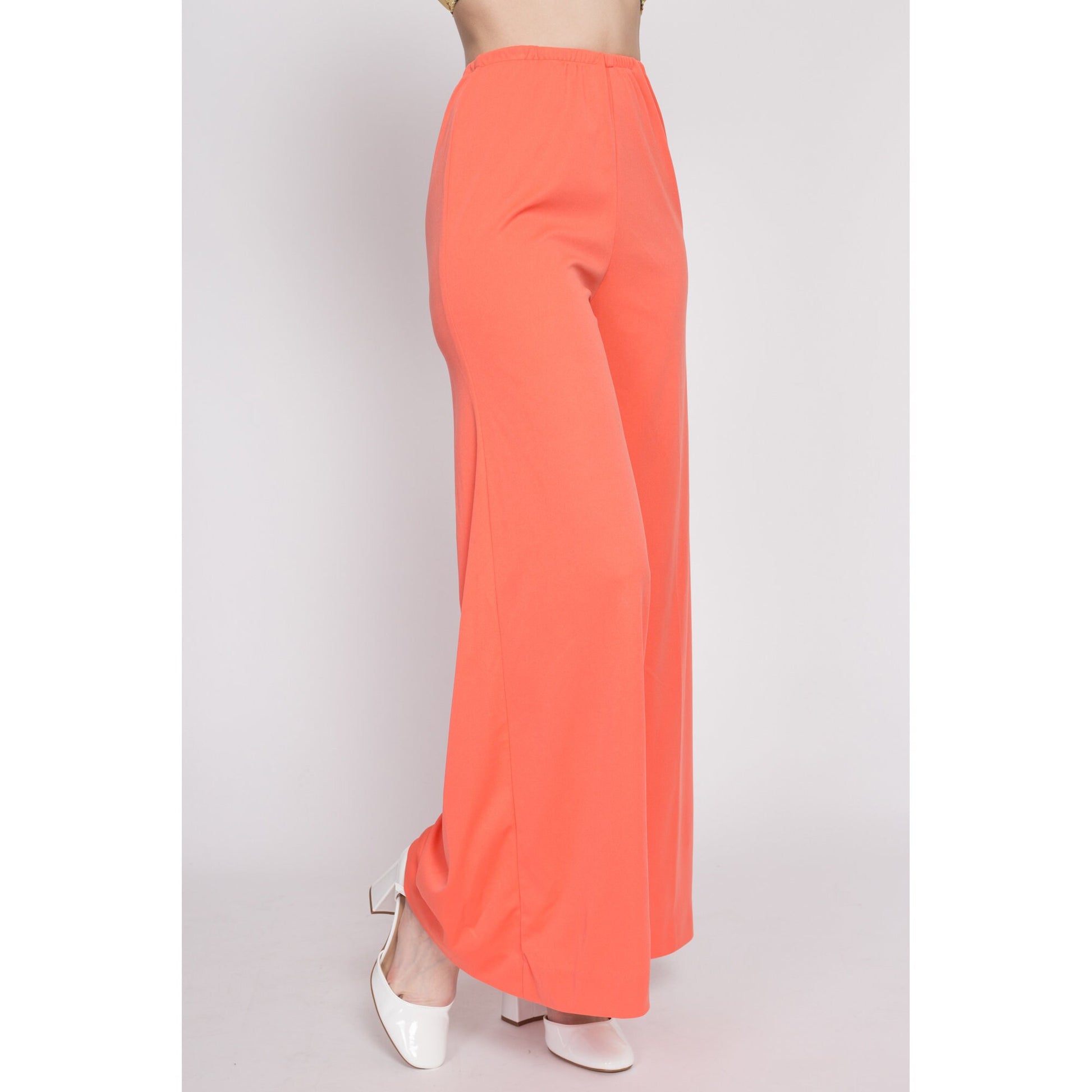 70s Salmon Palazzo Pants - Medium | Vintage High Waisted Retro Flared Elastic Disco Loungewear Bell Bottom Trousers