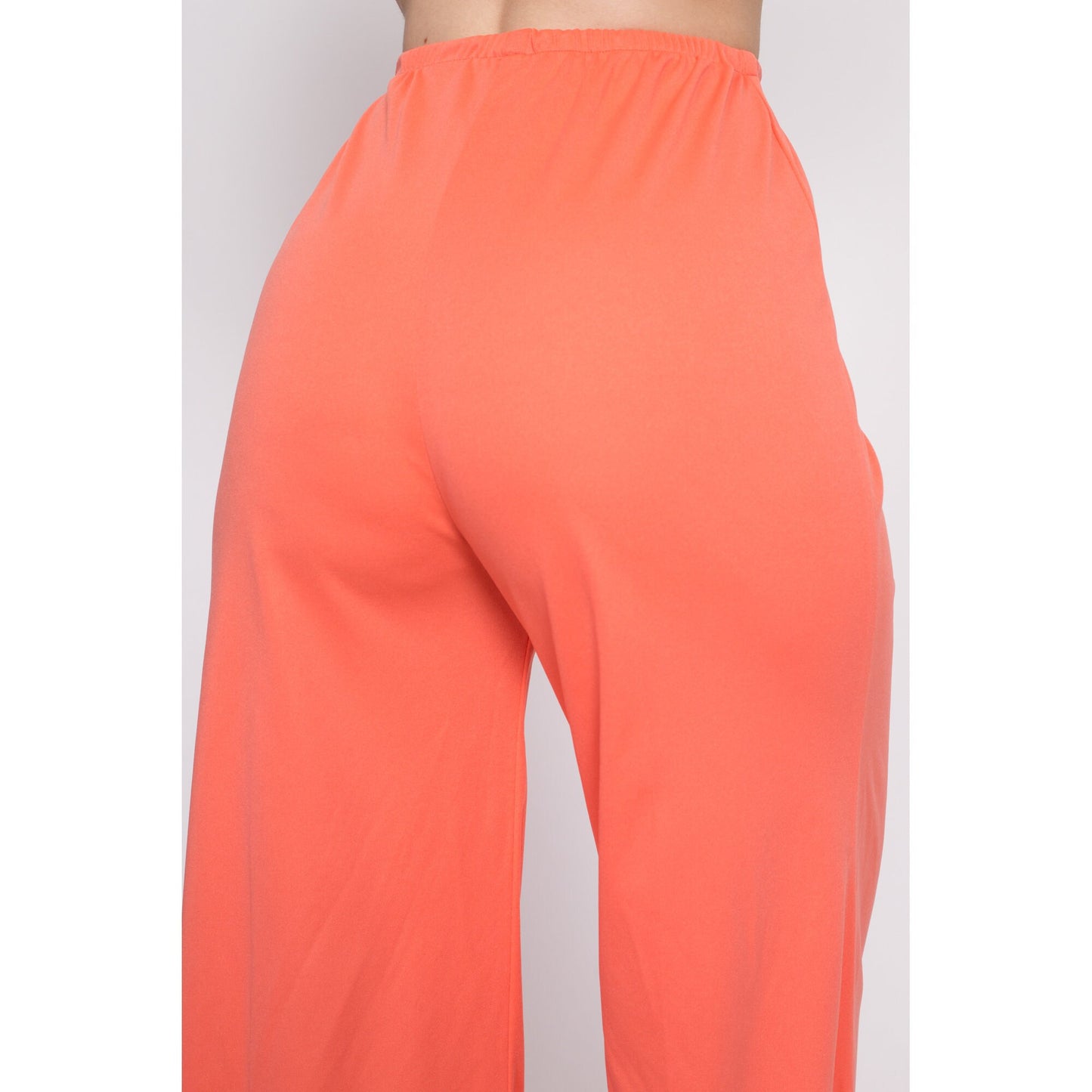 70s Salmon Palazzo Pants - Medium | Vintage High Waisted Retro Flared Elastic Disco Loungewear Bell Bottom Trousers