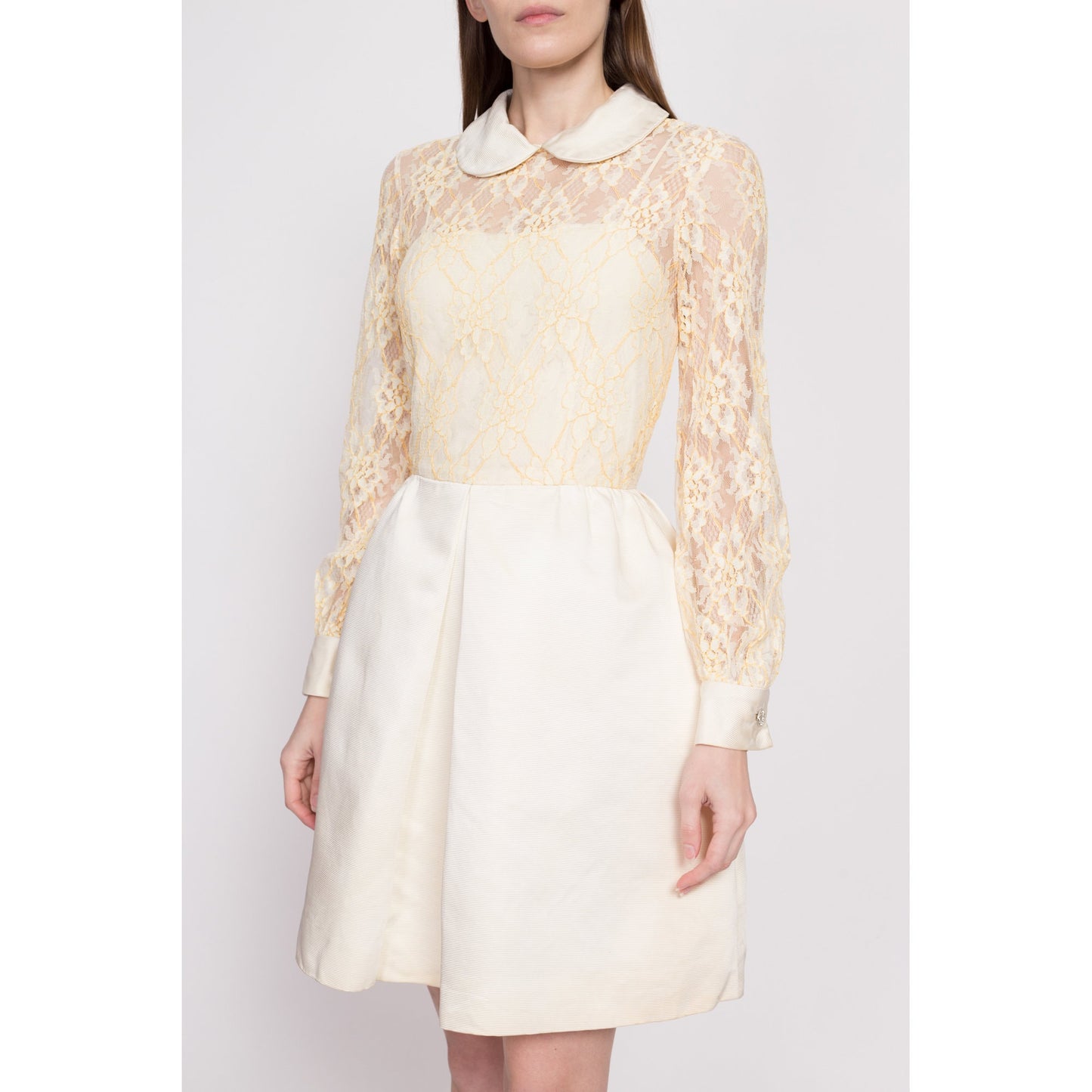 60s Jane Andre Lace Fit & Flare Dress - Small | Vintage Peter Pan Collar Babydoll Mini Dress