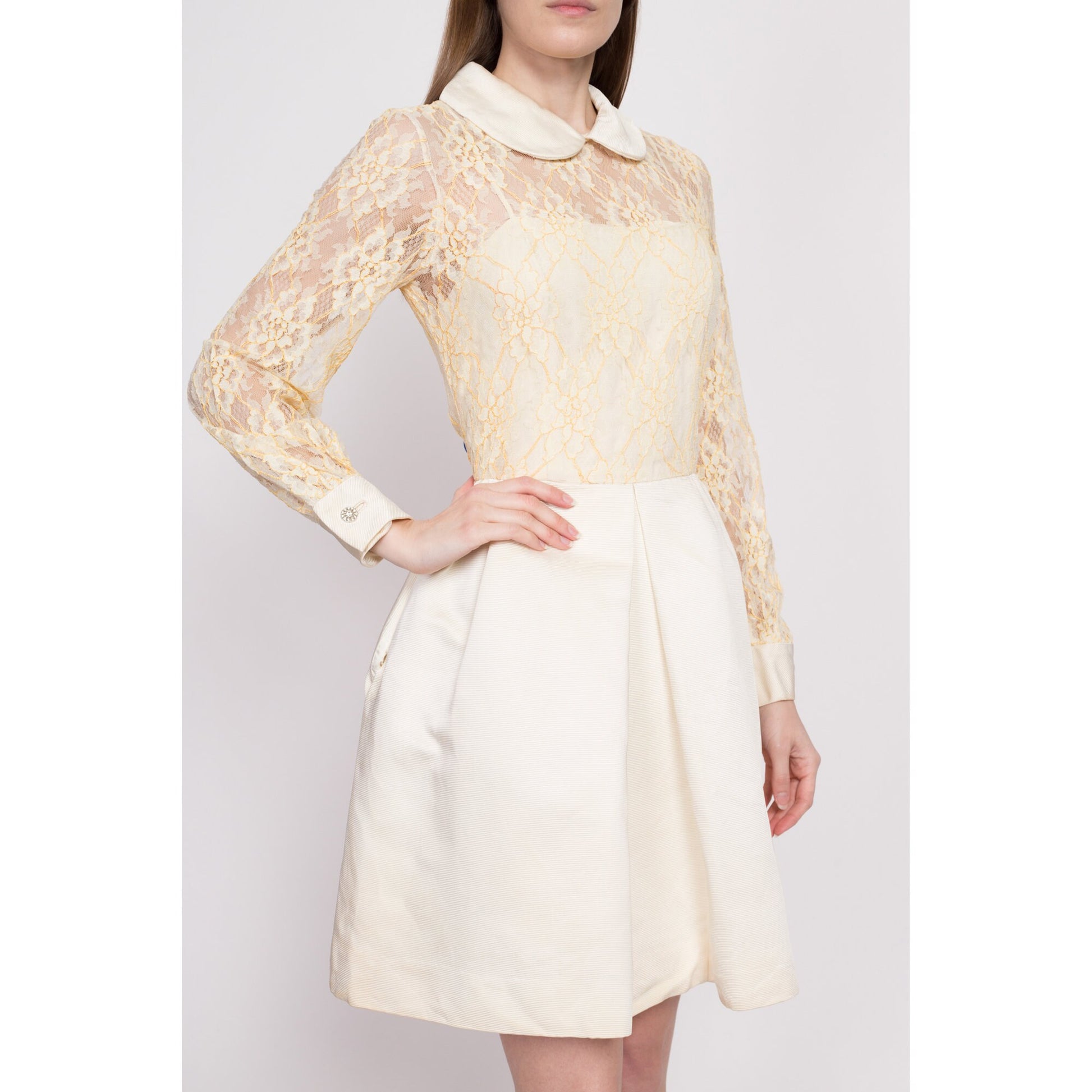 60s Jane Andre Lace Fit & Flare Dress - Small | Vintage Peter Pan Collar Babydoll Mini Dress