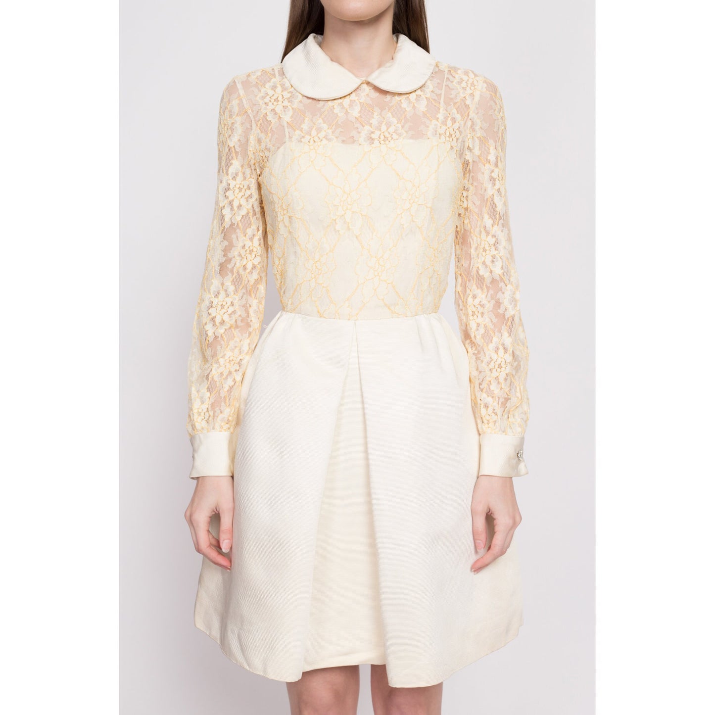 60s Jane Andre Lace Fit & Flare Dress - Small | Vintage Peter Pan Collar Babydoll Mini Dress