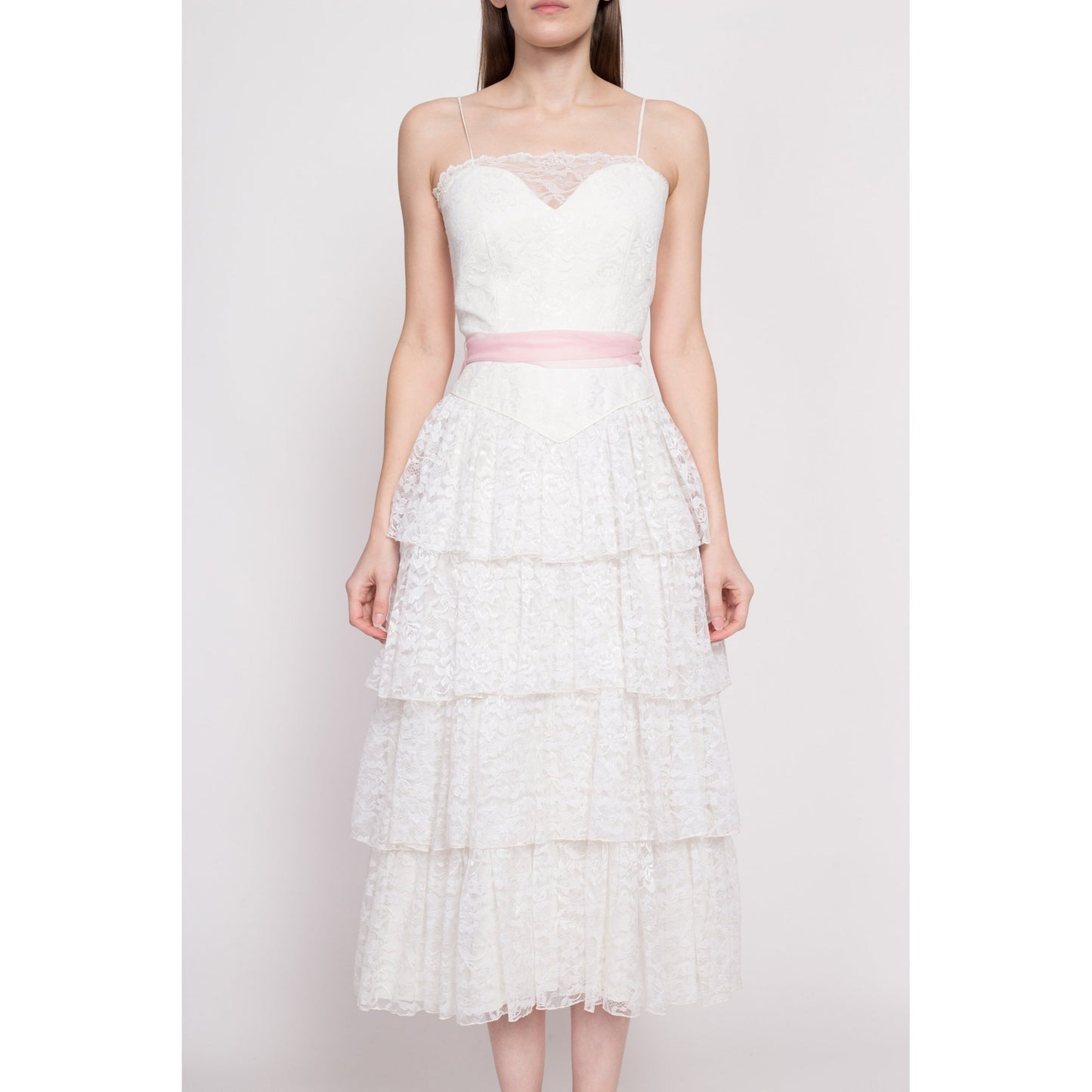 80s Does 50s White Lace Cupcake Dress - Extra Small | Vintage Tiered Pink Sash Tea Length Wedding Bridal Gown