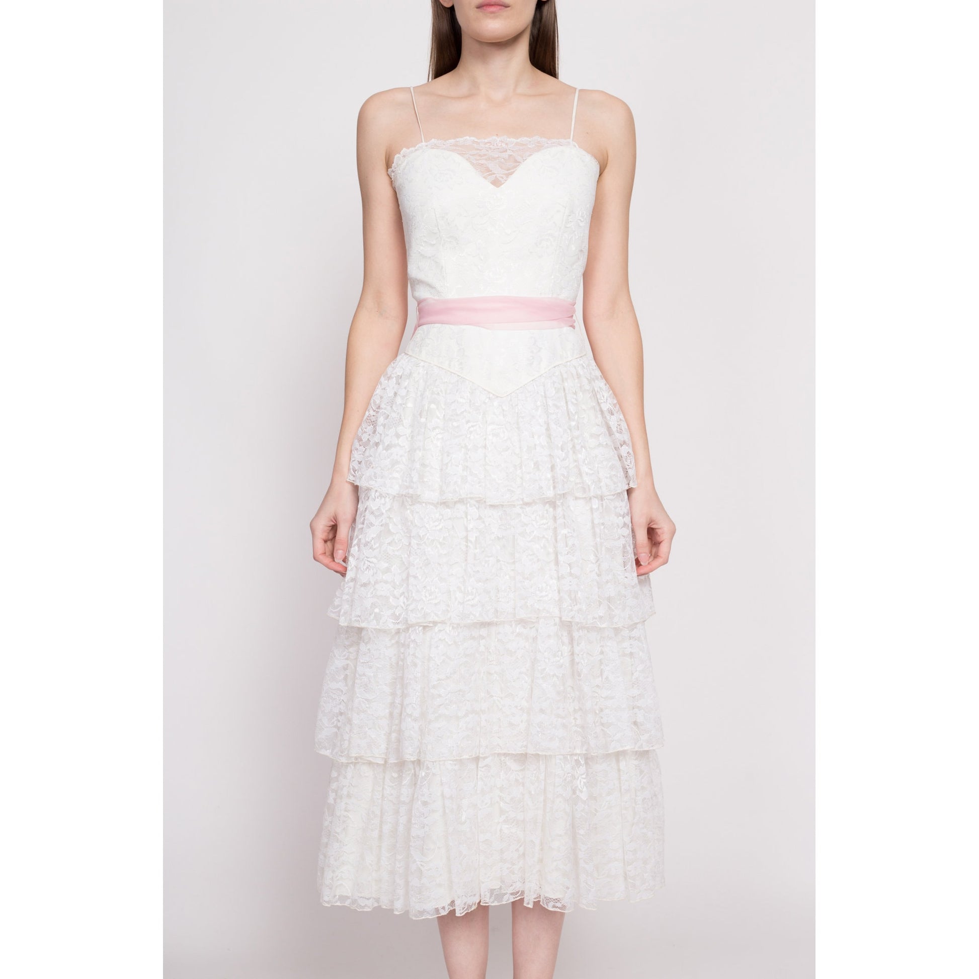 80s Does 50s White Lace Cupcake Dress - Extra Small | Vintage Tiered Pink Sash Tea Length Wedding Bridal Gown