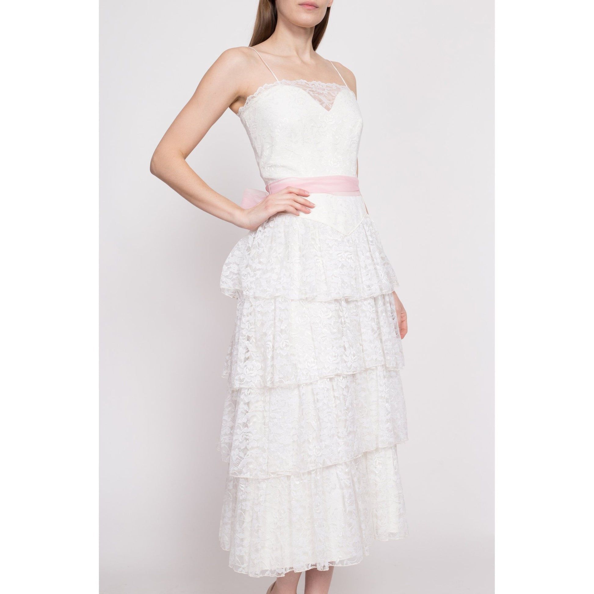 80s Does 50s White Lace Cupcake Dress - Extra Small | Vintage Tiered Pink Sash Tea Length Wedding Bridal Gown