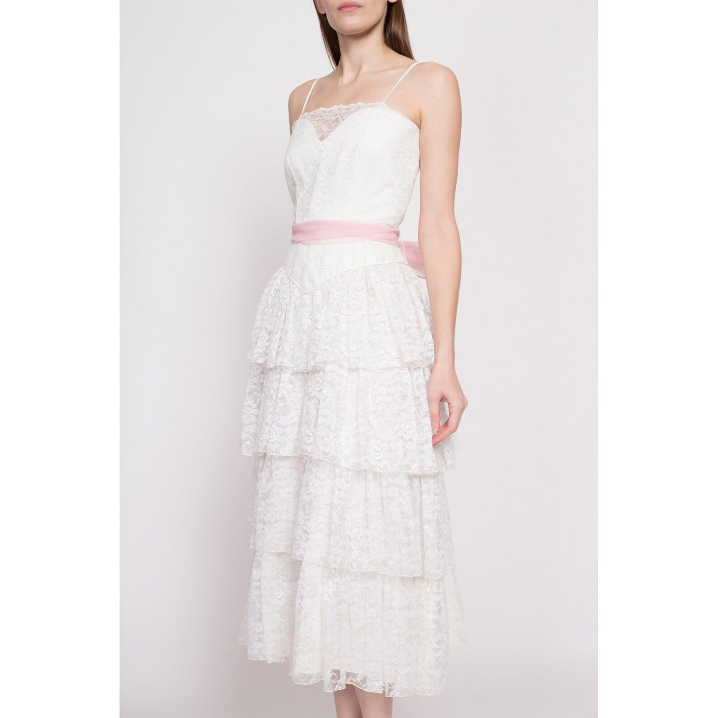 80s Does 50s White Lace Cupcake Dress - Extra Small | Vintage Tiered Pink Sash Tea Length Wedding Bridal Gown