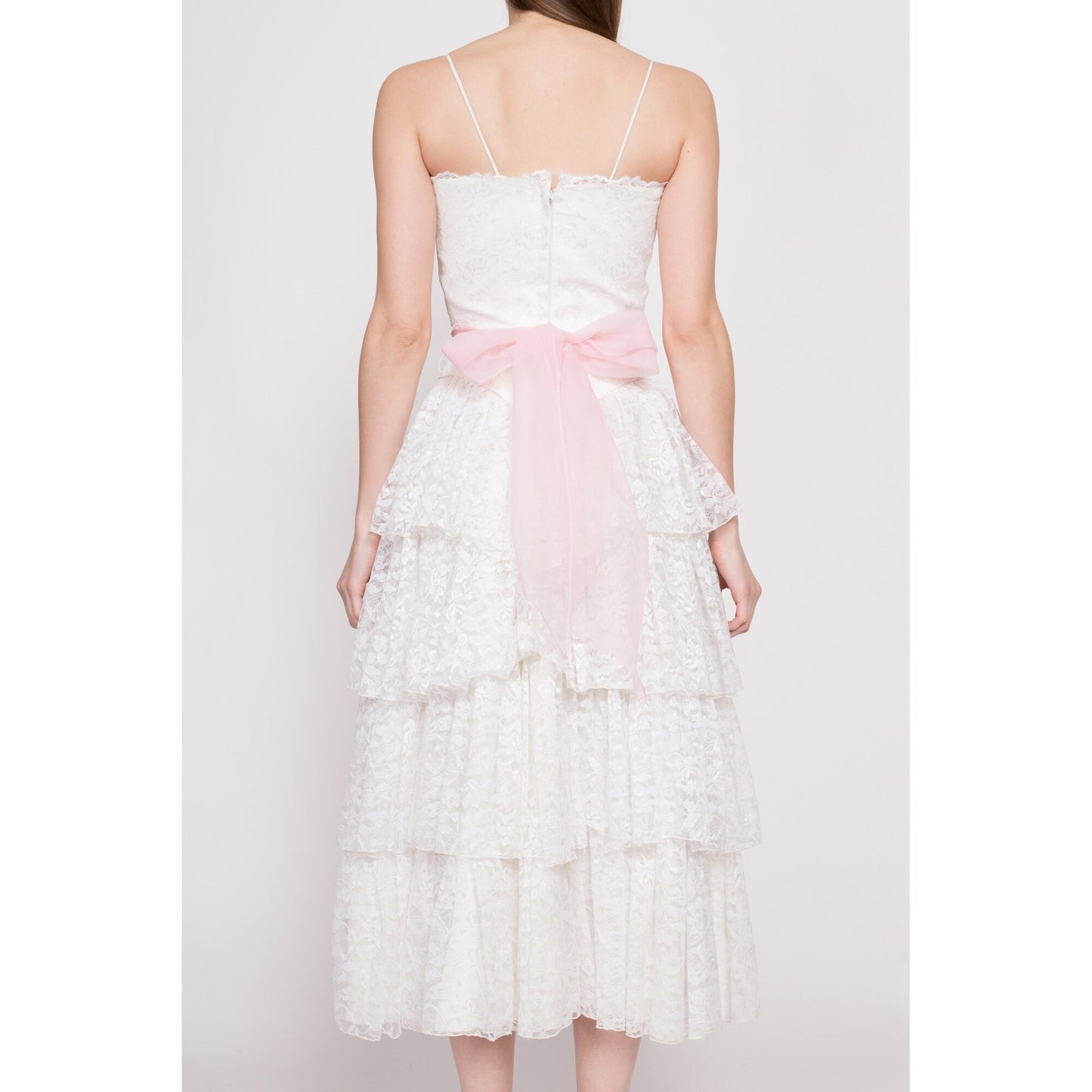 80s Does 50s White Lace Cupcake Dress - Extra Small | Vintage Tiered Pink Sash Tea Length Wedding Bridal Gown