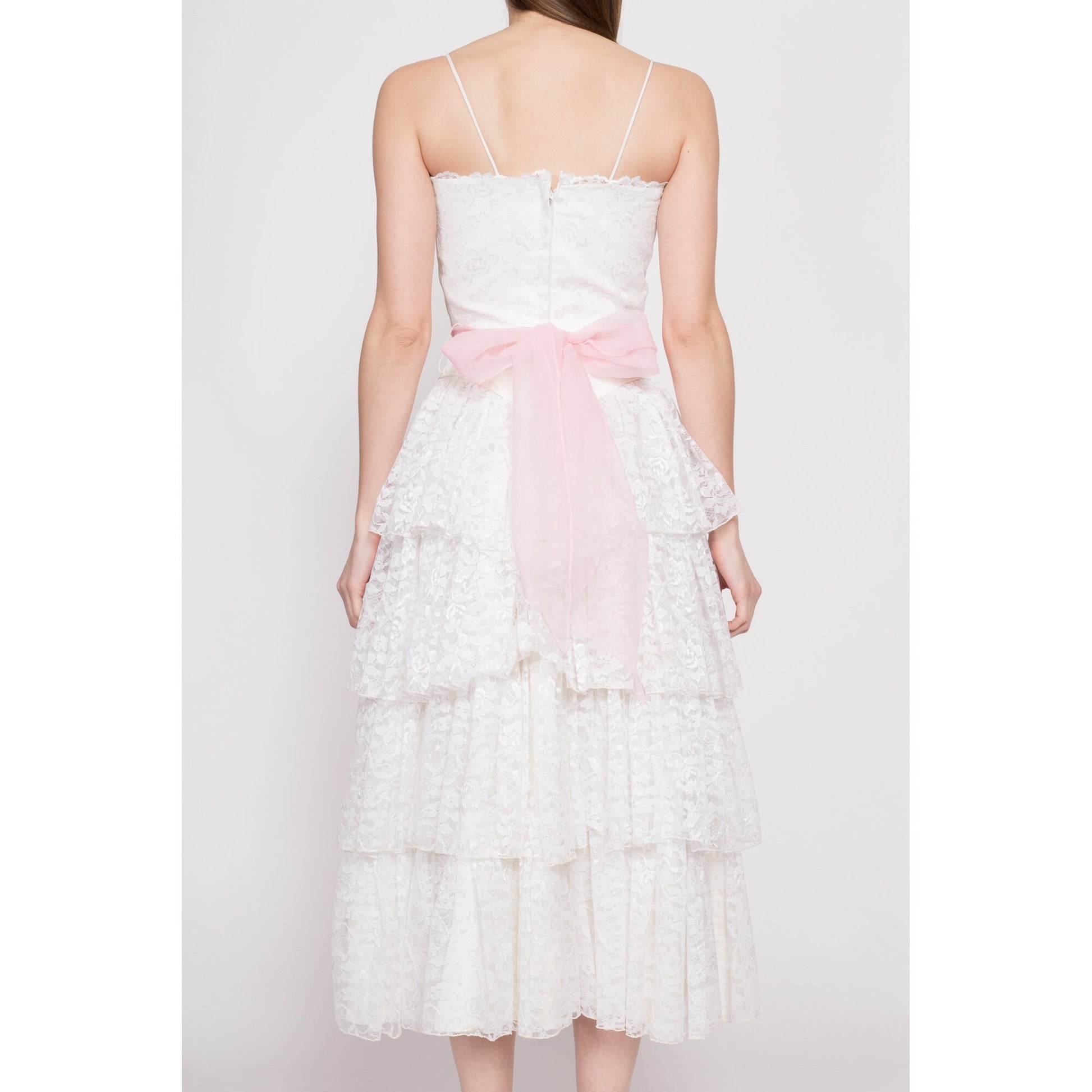 80s Does 50s White Lace Cupcake Dress - Extra Small | Vintage Tiered Pink Sash Tea Length Wedding Bridal Gown