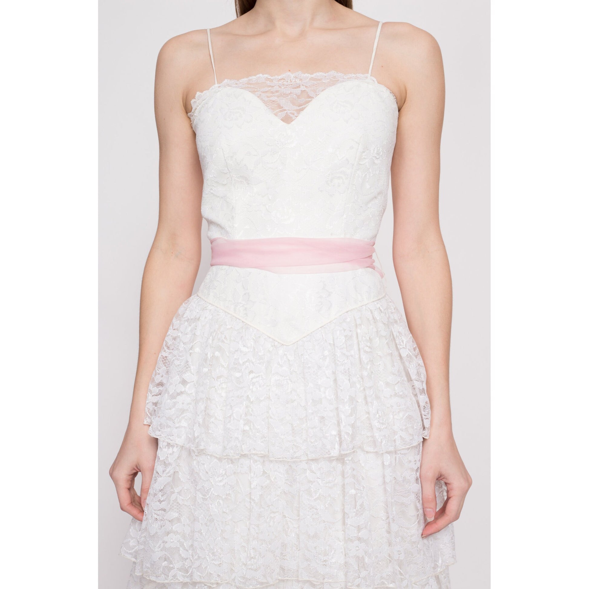 80s Does 50s White Lace Cupcake Dress - Extra Small | Vintage Tiered Pink Sash Tea Length Wedding Bridal Gown