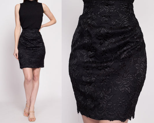 80s Black Lace Mini Skirt - Small, 26" | Vintage Francine Browner Scalloped Floral Lace Pencil Skirt
