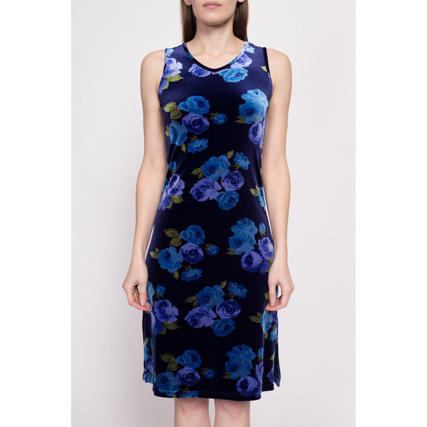 90s Y2K Blue Floral Velvet Dress - Extra Small | Vintage Sleeveless Stretchy Mini Shift Dress