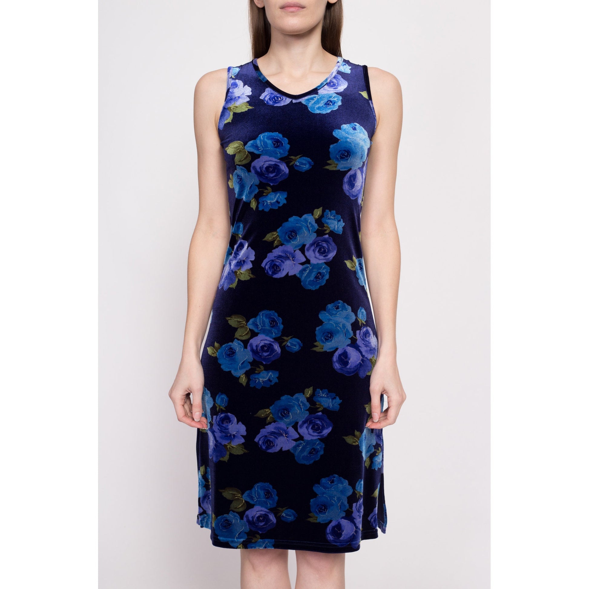 90s Y2K Blue Floral Velvet Dress - Extra Small | Vintage Sleeveless Stretchy Mini Shift Dress
