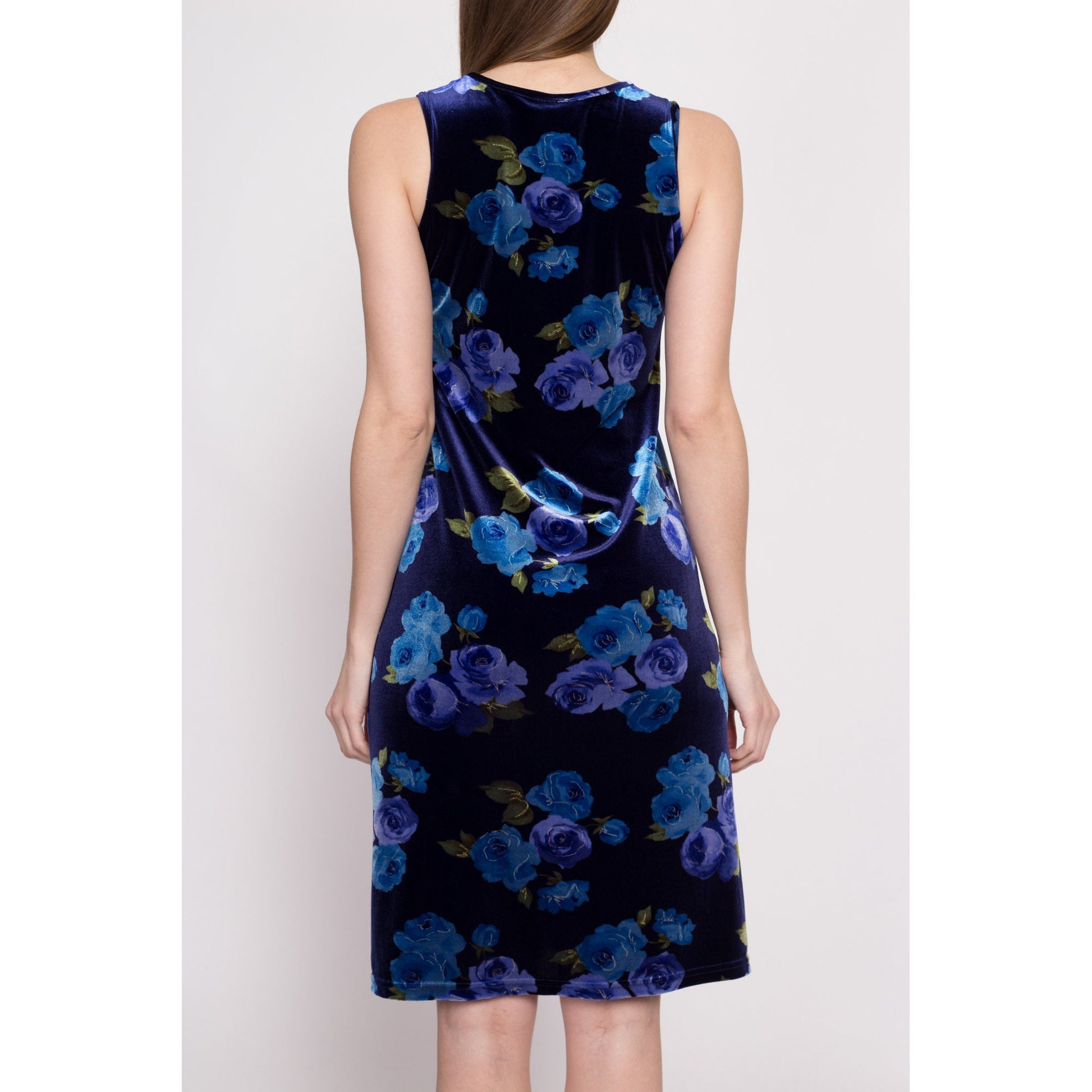 90s Y2K Blue Floral Velvet Dress - Extra Small | Vintage Sleeveless Stretchy Mini Shift Dress