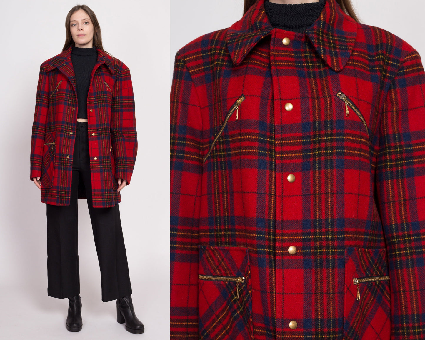 50s 60s Pendleton Red Plaid Wool Coat - Large | Vintage Four Pocket Snap Up Talon Jacket Warm Winter Jacket