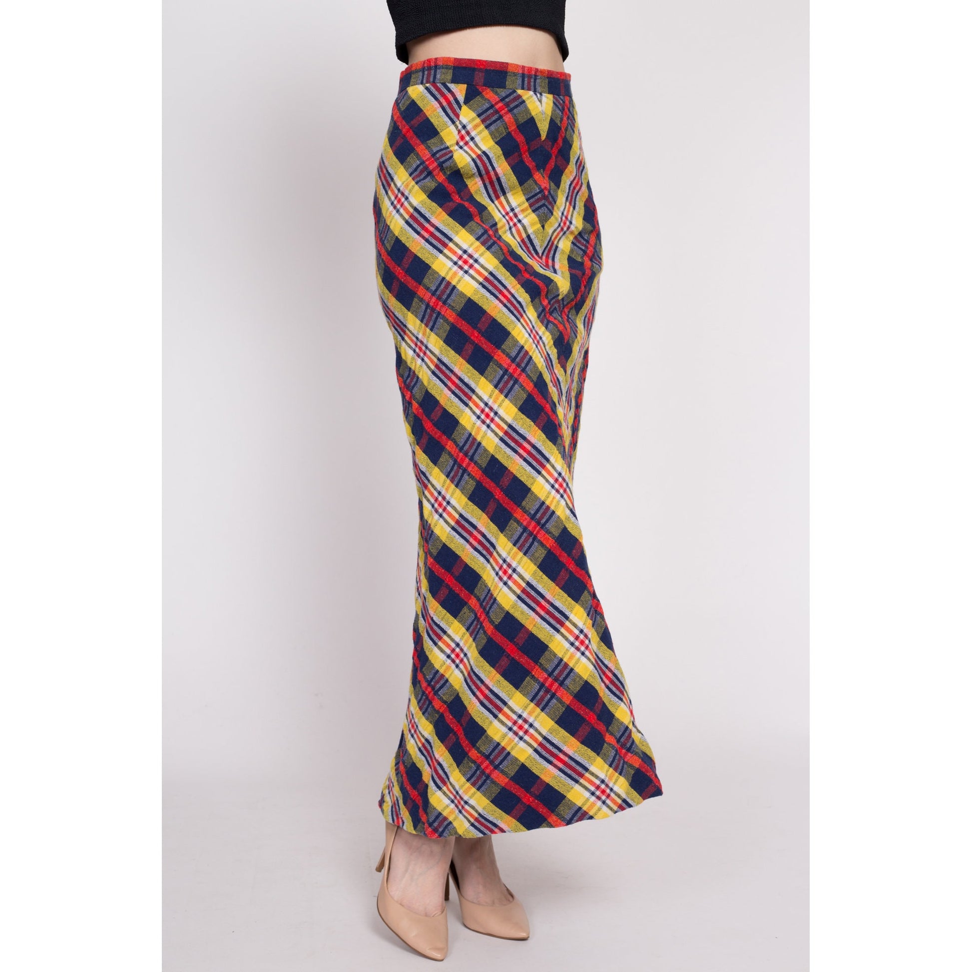 70s Plaid A-Line Maxi Skirt - Small, 27" | Vintage Red Blue Tartan Long High Waisted Hostess Skirt