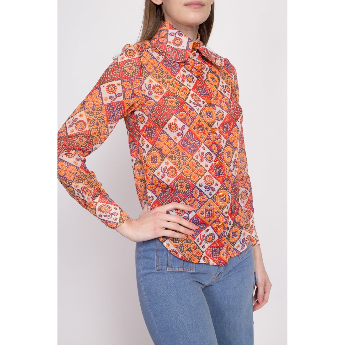 60s Mosaic Floral Dog Ear Collar Blouse - Extra Small | Vintage Sheer Boho Button Up Collared Top