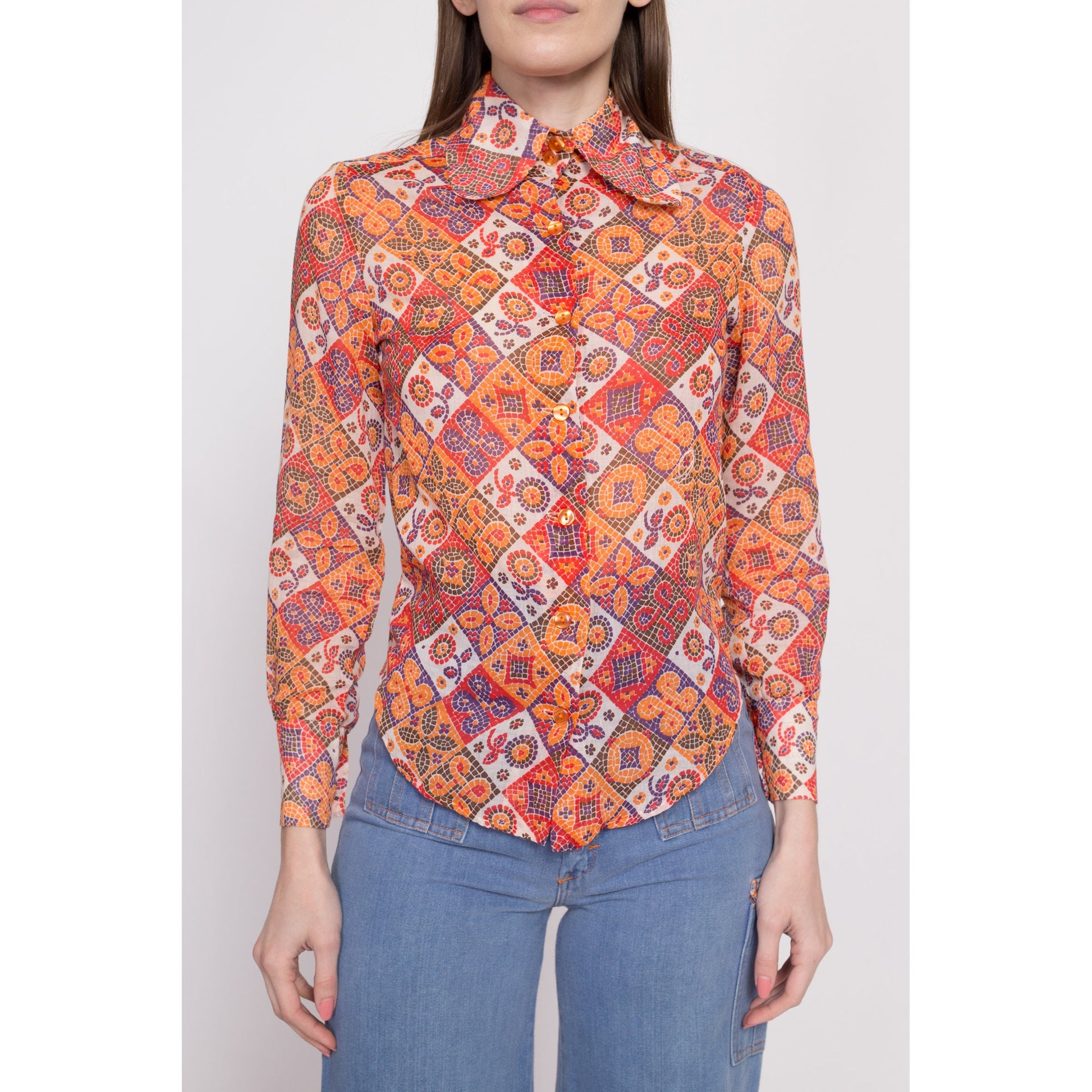 60s Mosaic Floral Dog Ear Collar Blouse - Extra Small | Vintage Sheer Boho Button Up Collared Top