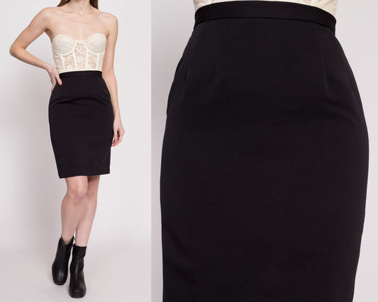 70s Black High Waisted Pencil Skirt - Extra Small, 24.5" | Vintage Minimalist Fitted Mini Skirt