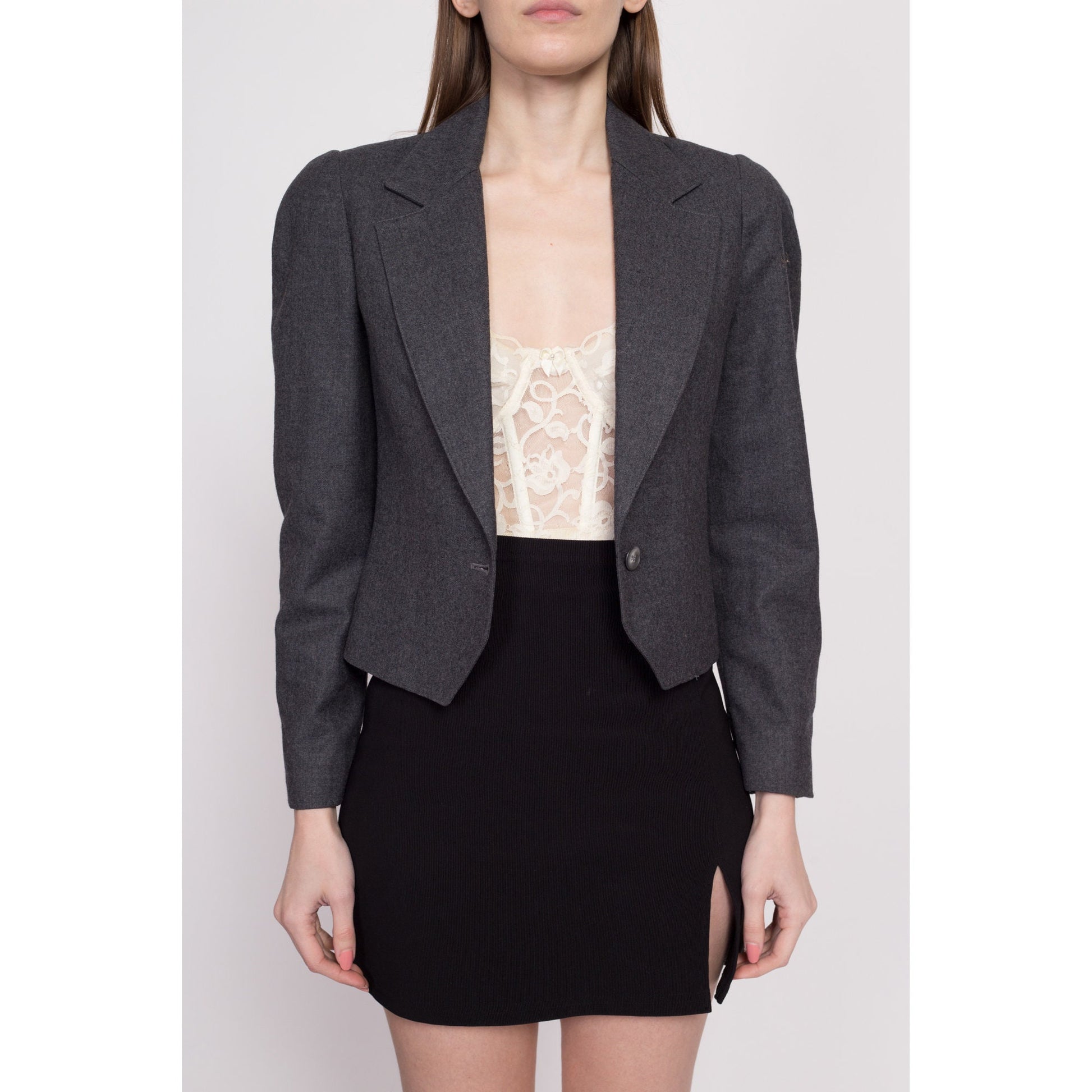 80s Christian Dior Cropped Suit Jacket - Extra Small | Vintage Grey Blazer Single Button Sport Coat