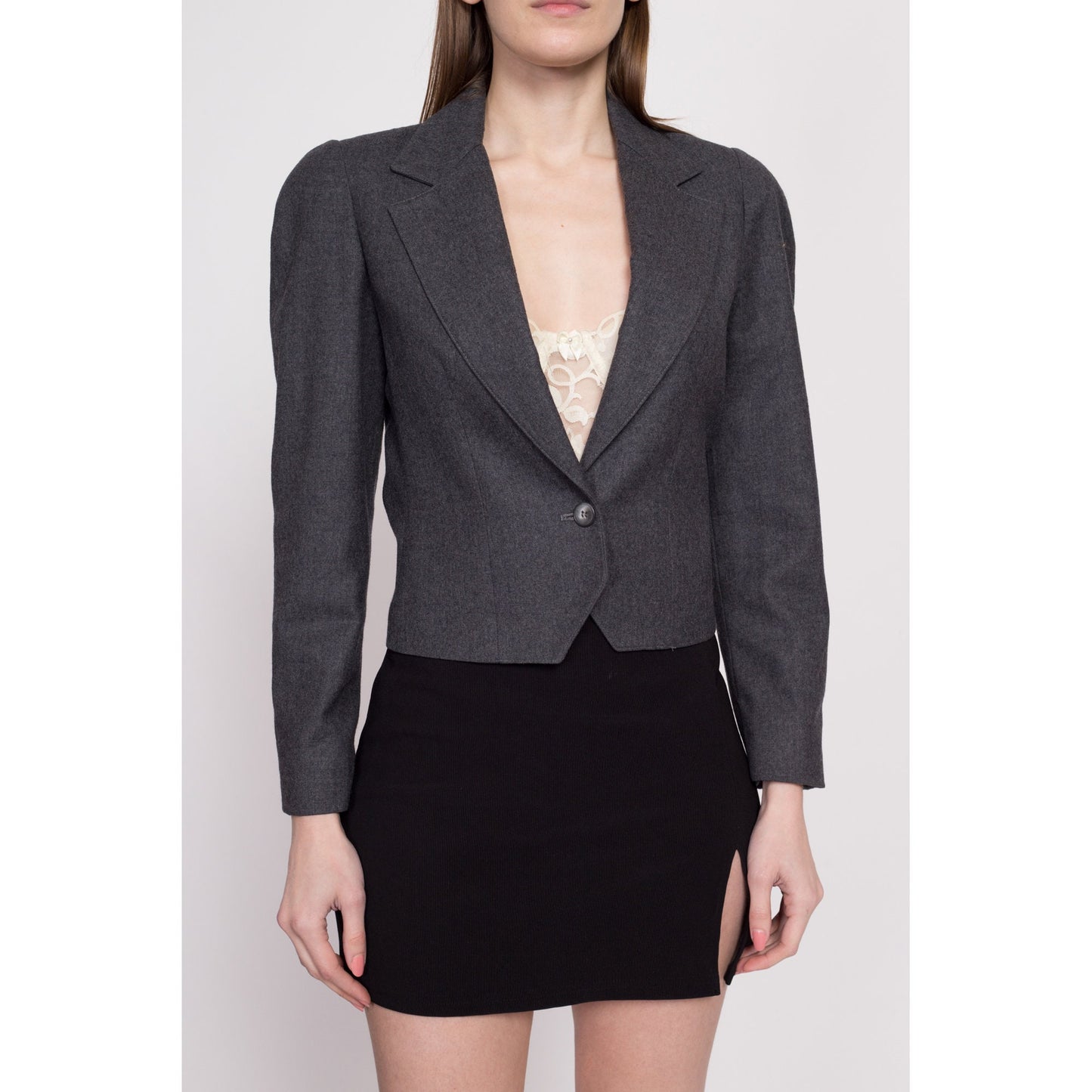 80s Christian Dior Cropped Suit Jacket - Extra Small | Vintage Grey Blazer Single Button Sport Coat