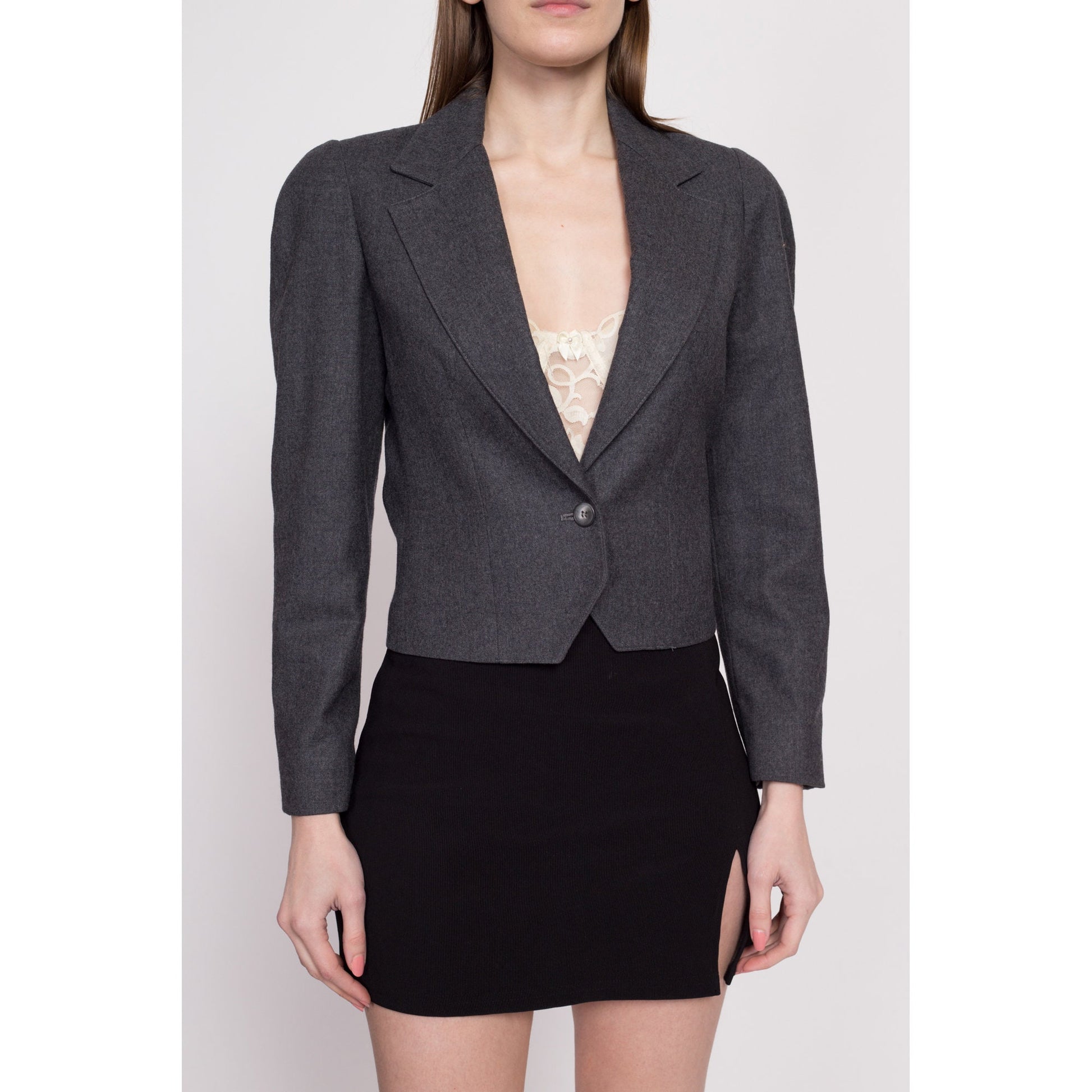 80s Christian Dior Cropped Suit Jacket - Extra Small | Vintage Grey Blazer Single Button Sport Coat