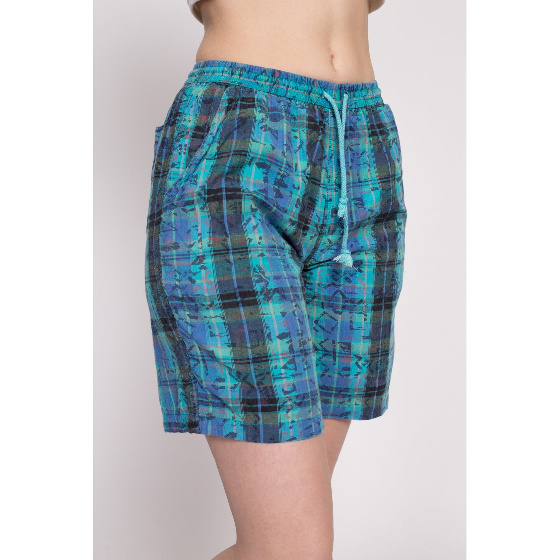80s Plaid Cotton Board Shorts - Unisex Small | Vintage Blue Green High Waisted Retro Shorts