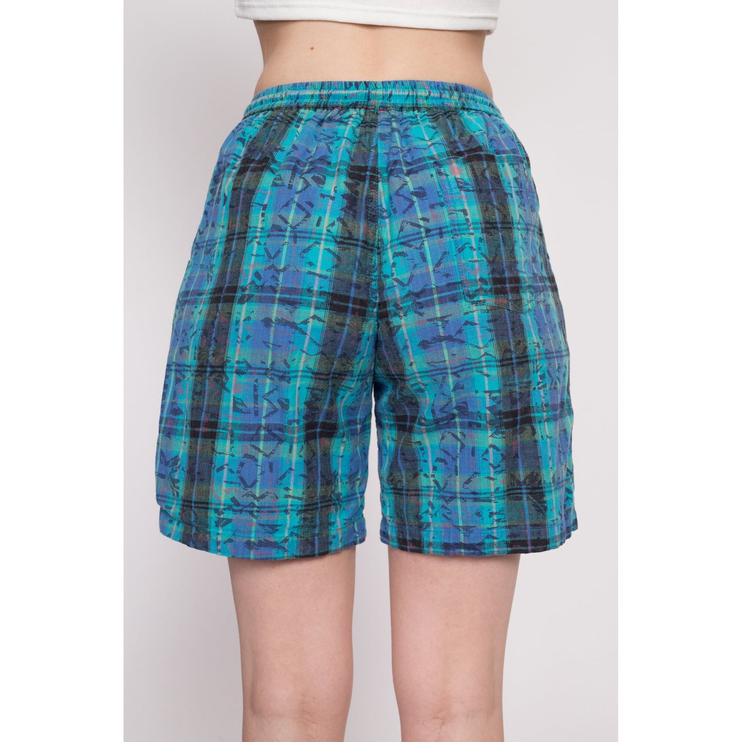 80s Plaid Cotton Board Shorts - Unisex Small | Vintage Blue Green High Waisted Retro Shorts
