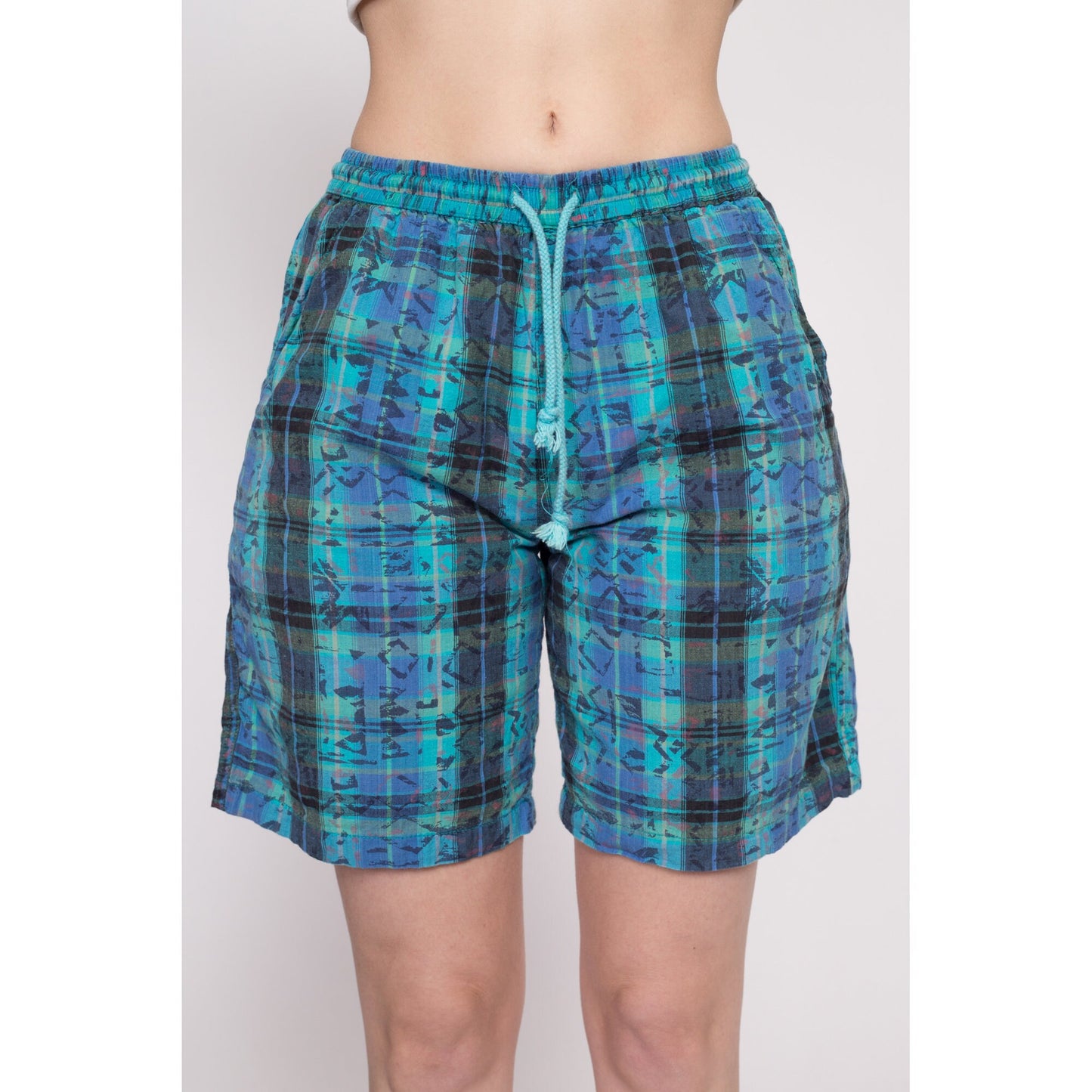 80s Plaid Cotton Board Shorts - Unisex Small | Vintage Blue Green High Waisted Retro Shorts