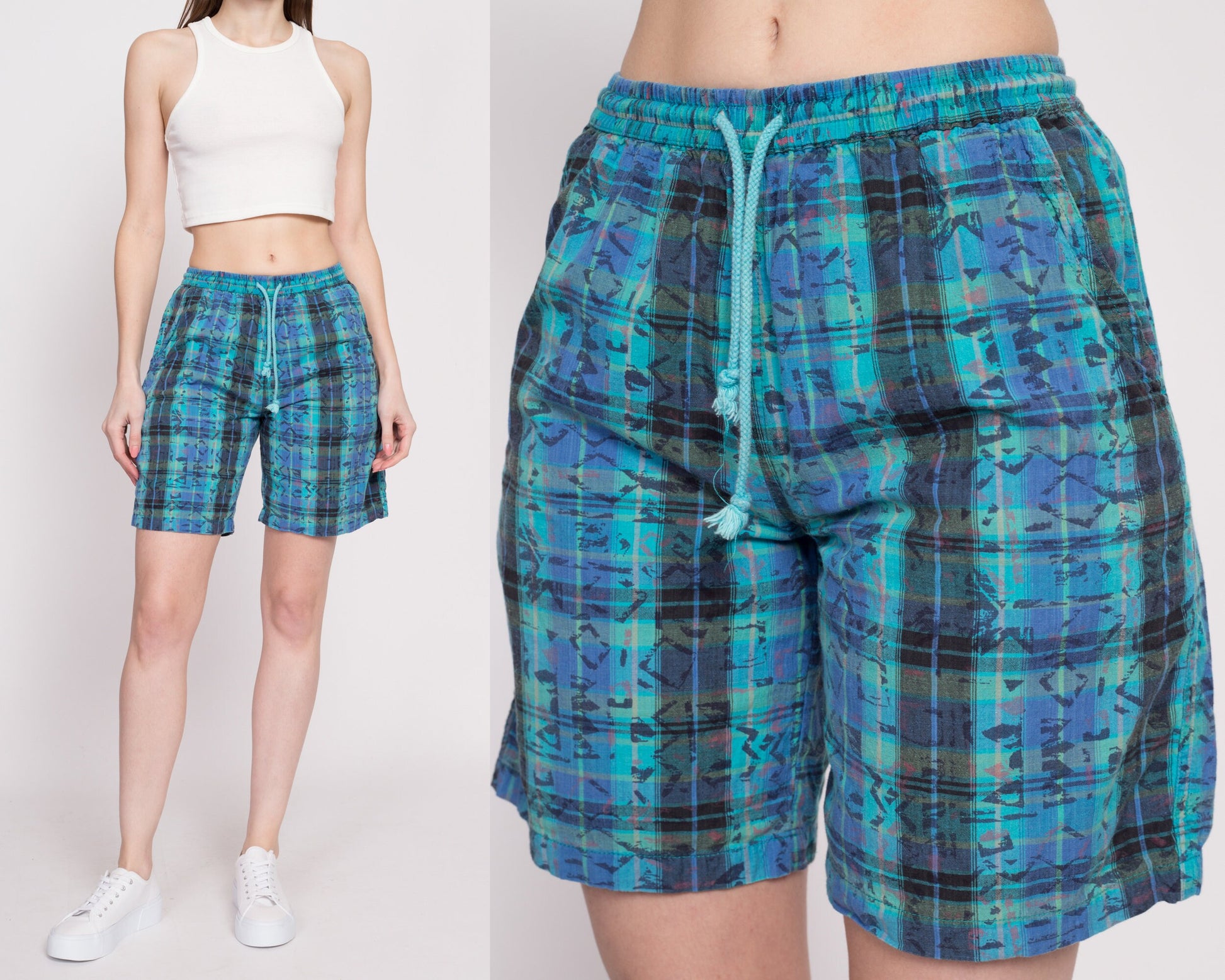 80s Plaid Cotton Board Shorts - Unisex Small | Vintage Blue Green High Waisted Retro Shorts