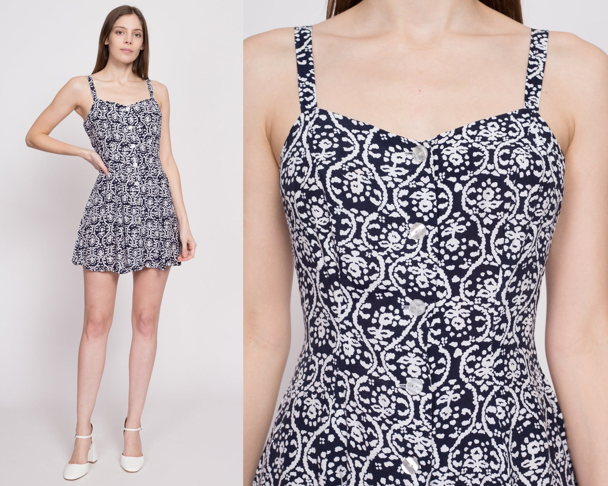 90s Navy Blue Floral Mini Sundress - Extra Small | Vintage Button Front Boho Fit Flare Grunge Dress