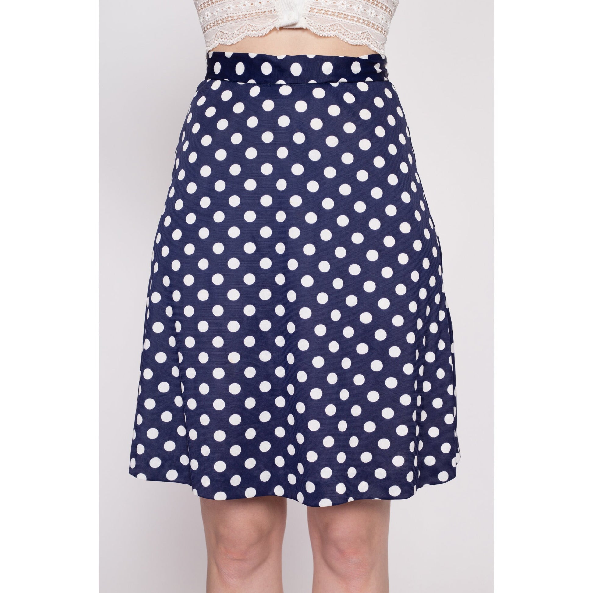 60s 70s Navy Blue Polka Dot Mini Skirt - Extra Small, 25" | Vintage A Line High Waist Retro Skirt