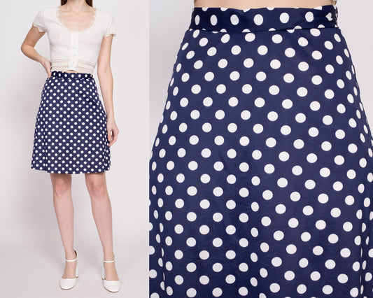 60s 70s Navy Blue Polka Dot Mini Skirt - Extra Small, 25" | Vintage A Line High Waist Retro Skirt