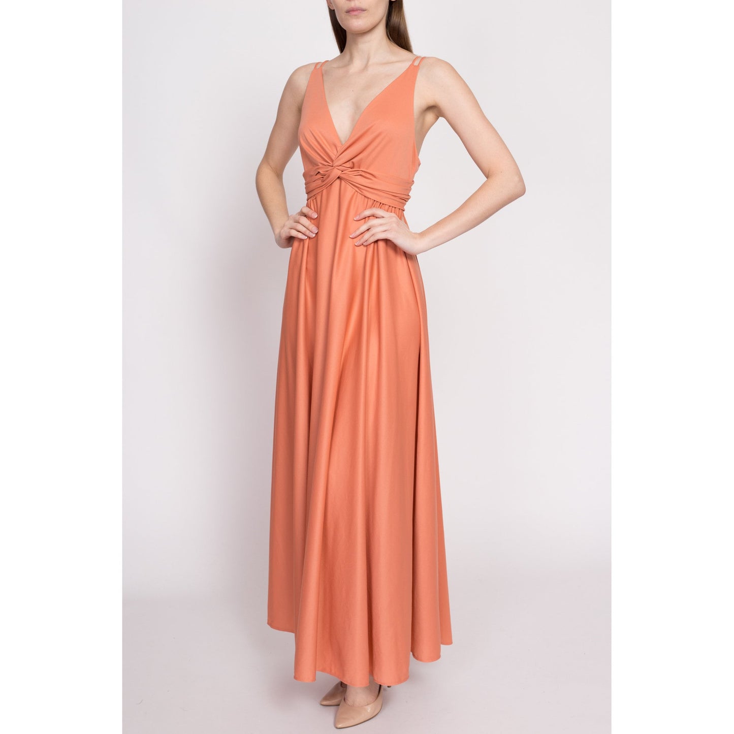 70s Grecian Peach Maxi Gown - Small | Vintage Low Back V Neck Spaghetti Strap Disco Party Dress