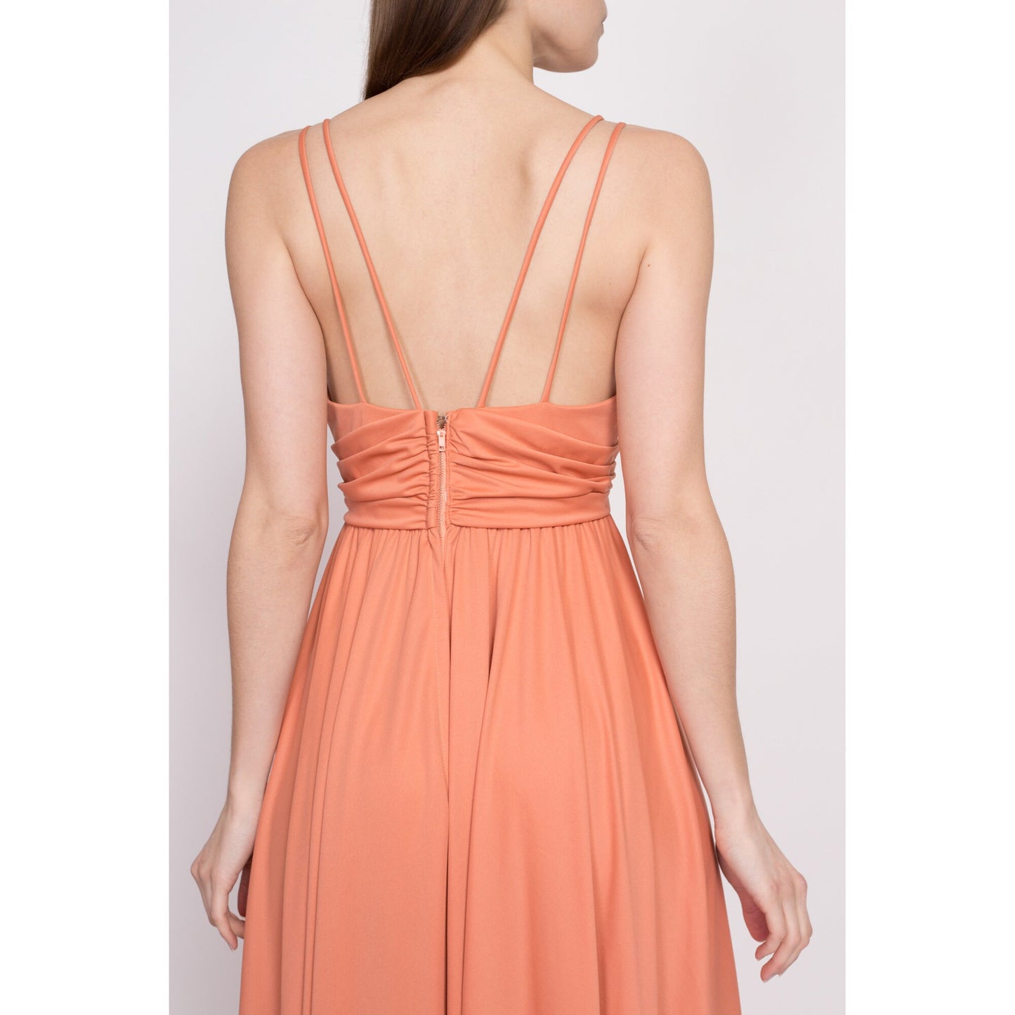 70s Grecian Peach Maxi Gown - Small | Vintage Low Back V Neck Spaghetti Strap Disco Party Dress