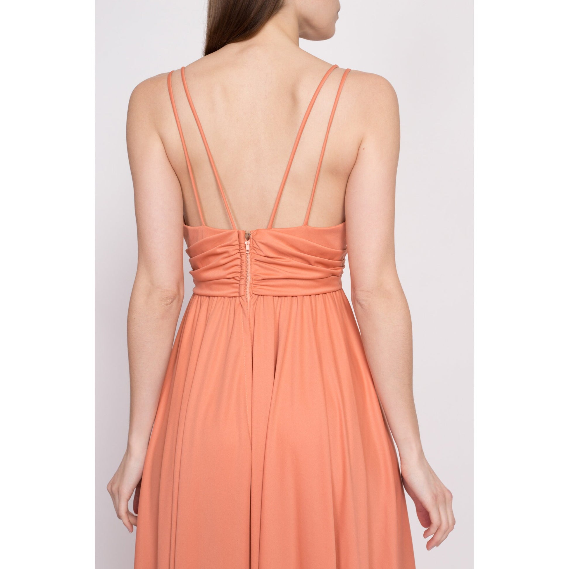 70s Grecian Peach Maxi Gown - Small | Vintage Low Back V Neck Spaghetti Strap Disco Party Dress