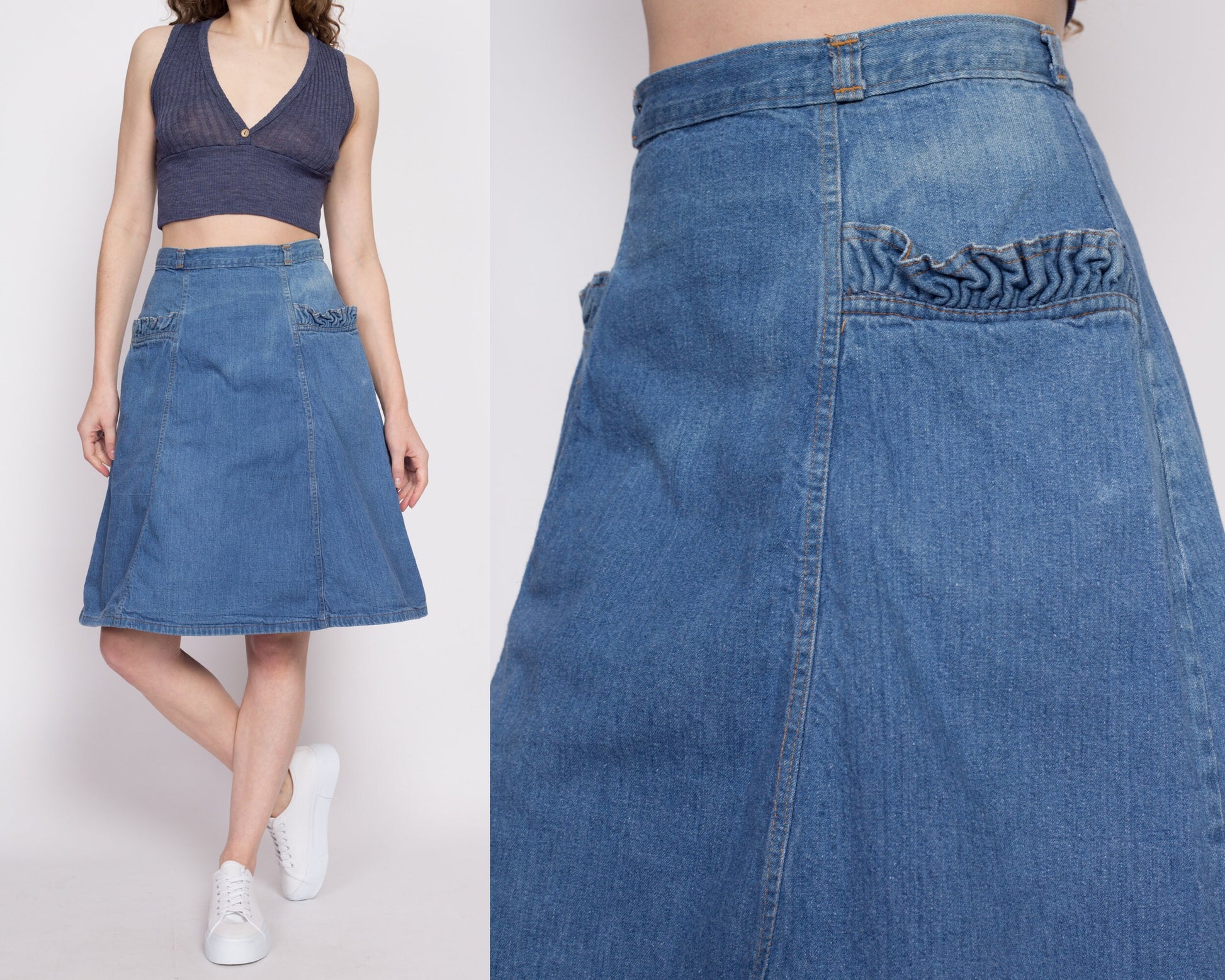 70s Denim Ruffle Pocket A-Line Skirt - Small, 27" | Vintage Faded High Waisted Boho Knee Length Jean Skirt