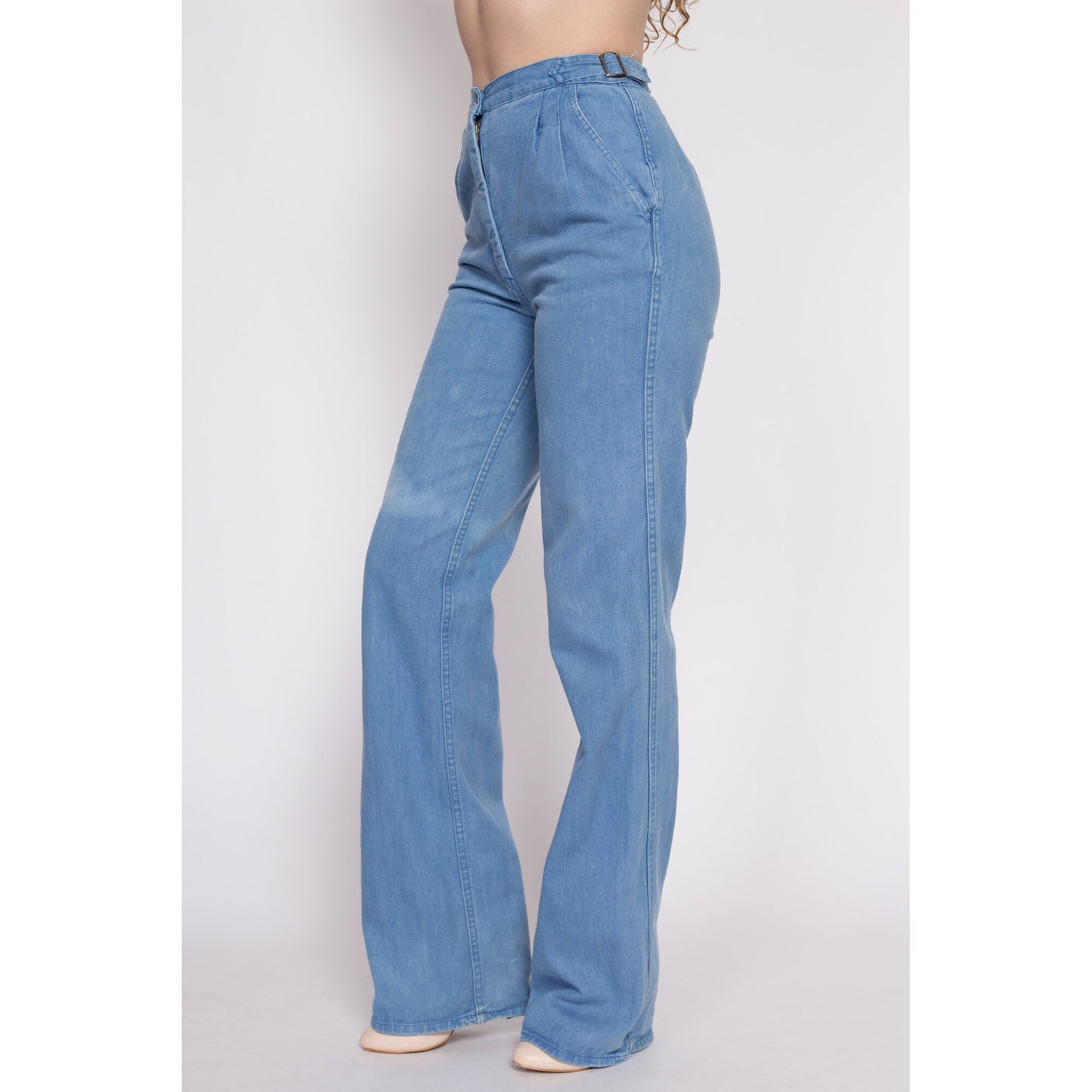 70s 80s Faded Bootcut Jeans - Small | Vintage NY Jeans Pleated Cinched Waist Light Wash High Waisted Jeans