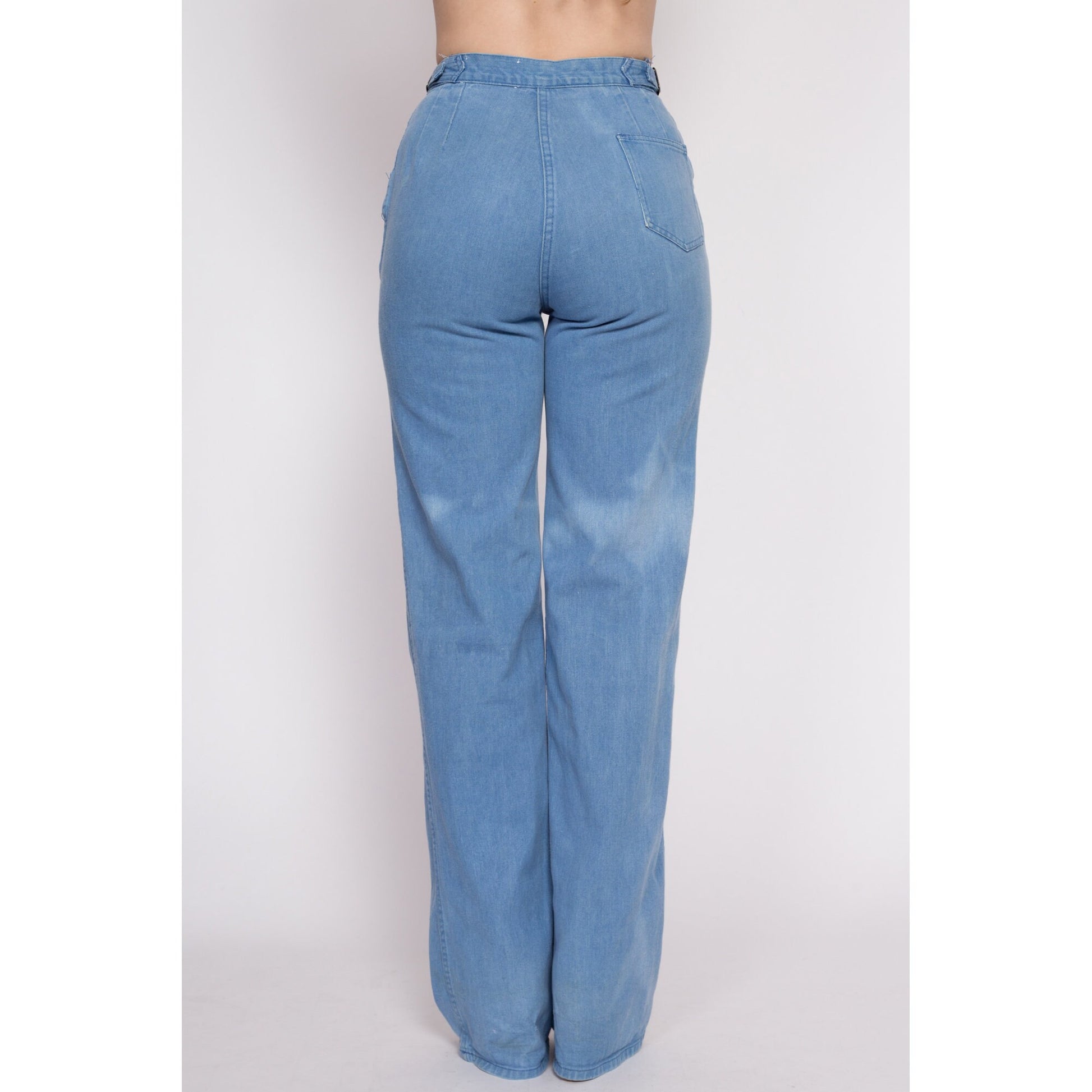 70s 80s Faded Bootcut Jeans - Small | Vintage NY Jeans Pleated Cinched Waist Light Wash High Waisted Jeans